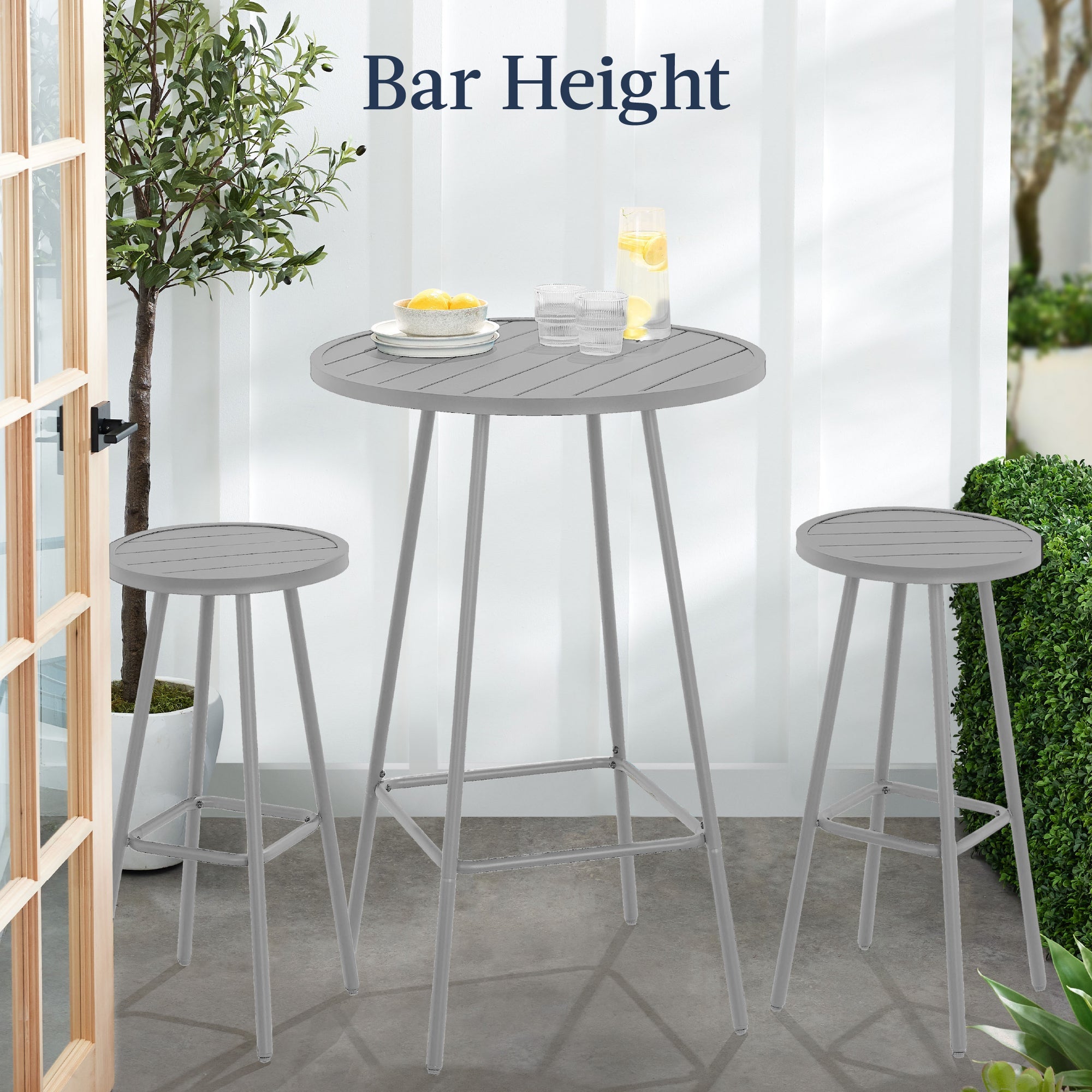 3-Piece Patio Bar Height Bistro Set w/ Backless Stools, Slatted Design