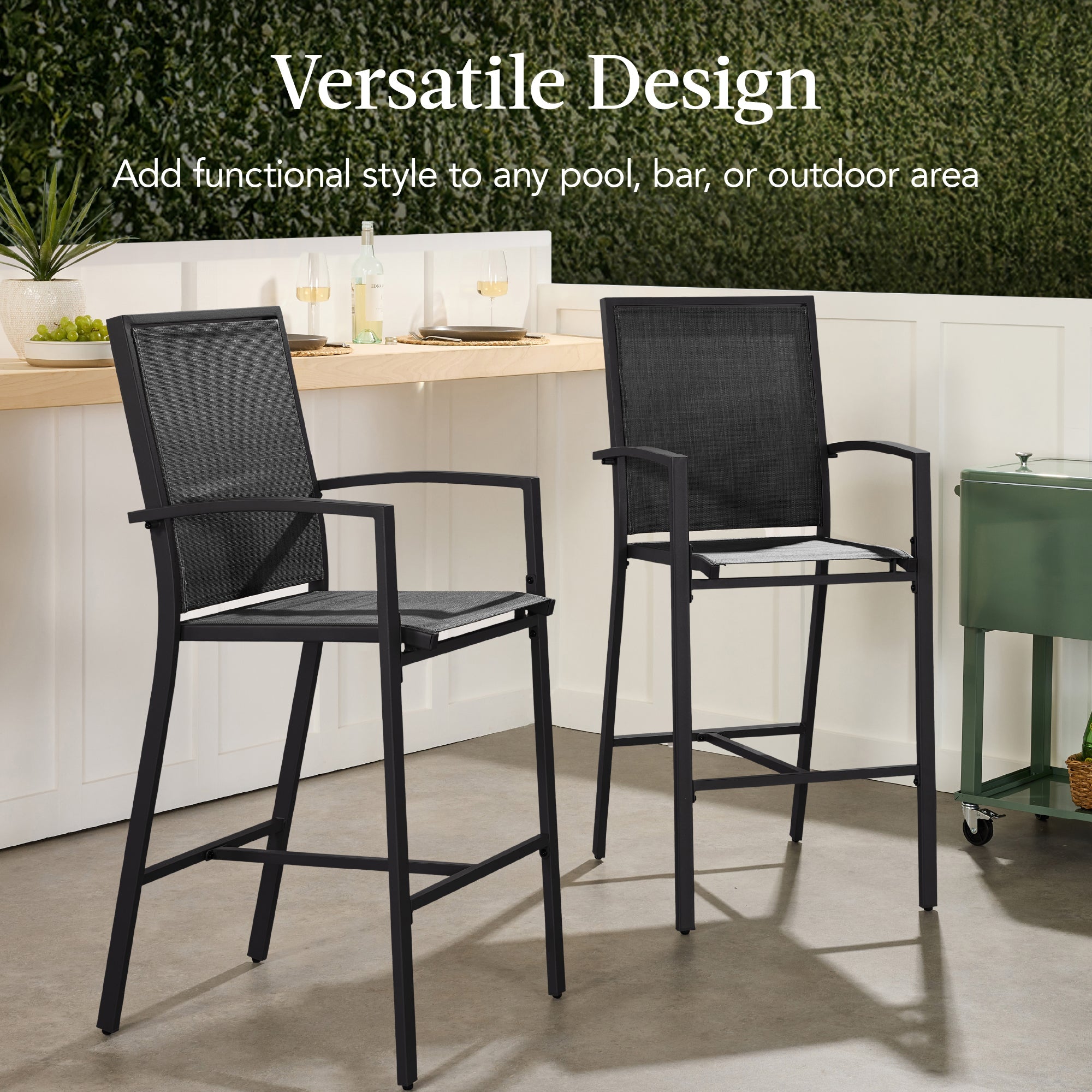Set of 2 Outdoor Barstools, Patio Chairs w/ Footrests, All-Weather Mesh