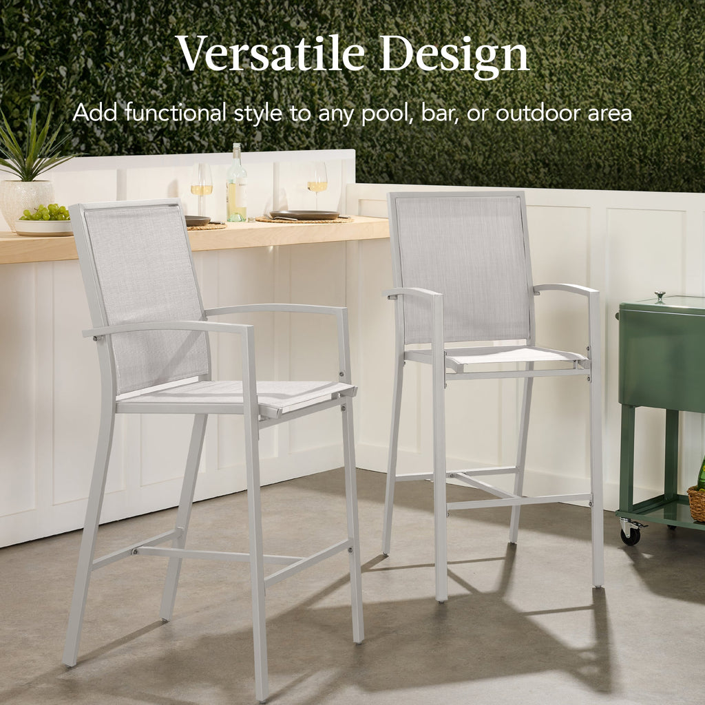 Set of 2 Outdoor Barstools, Patio Chairs w/ Footrests, All-Weather Mesh