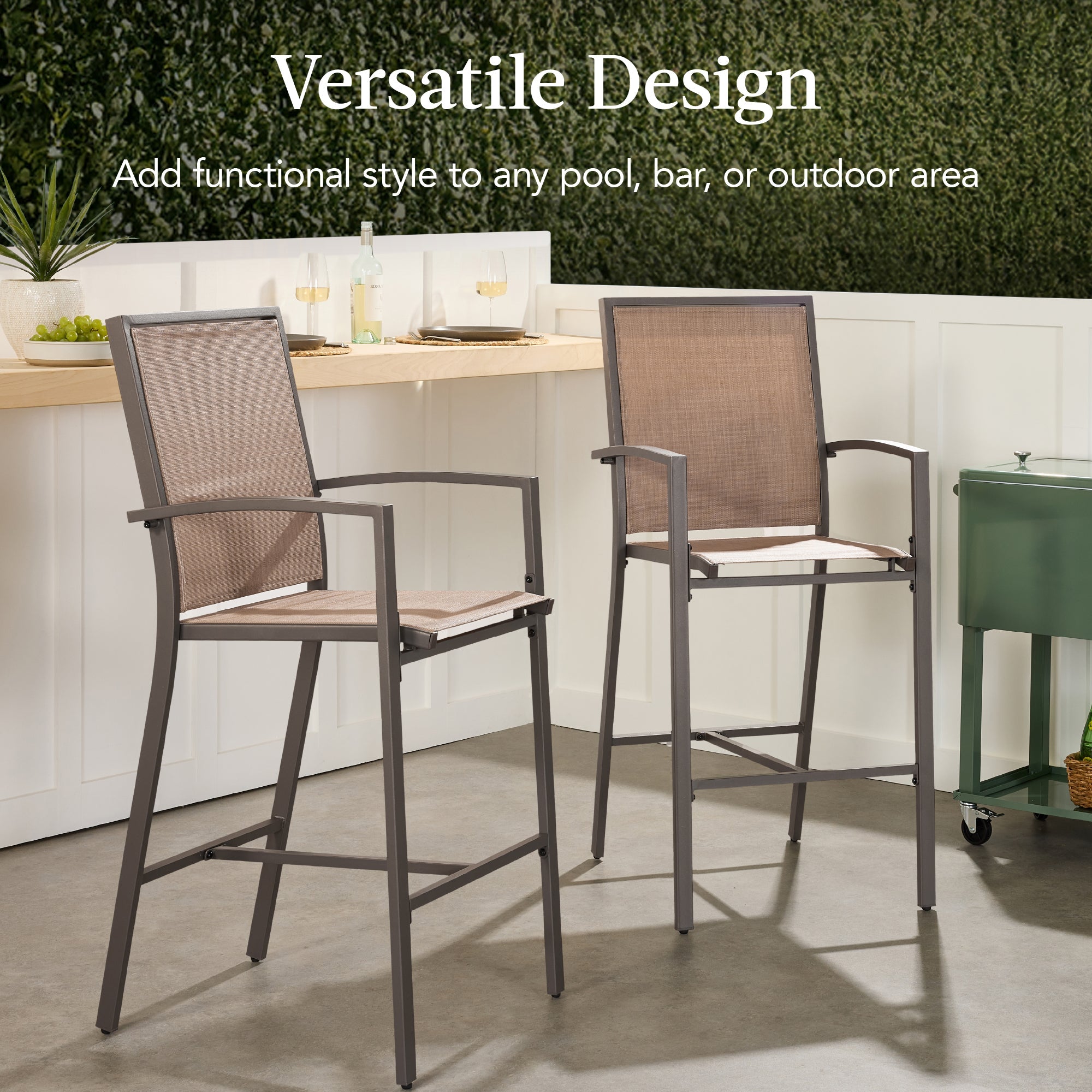 Set of 2 Outdoor Barstools, Patio Chairs w/ Footrests, All-Weather Mesh