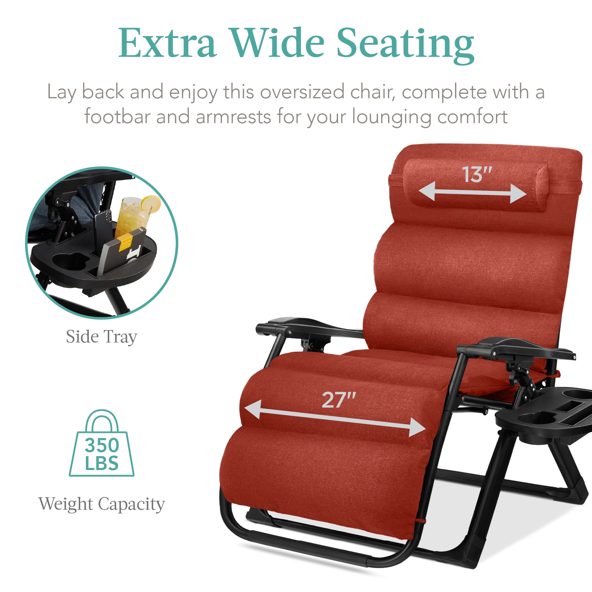 Oversized Zero Gravity Chair, Folding Outdoor Recliner w/ Removable Cushion