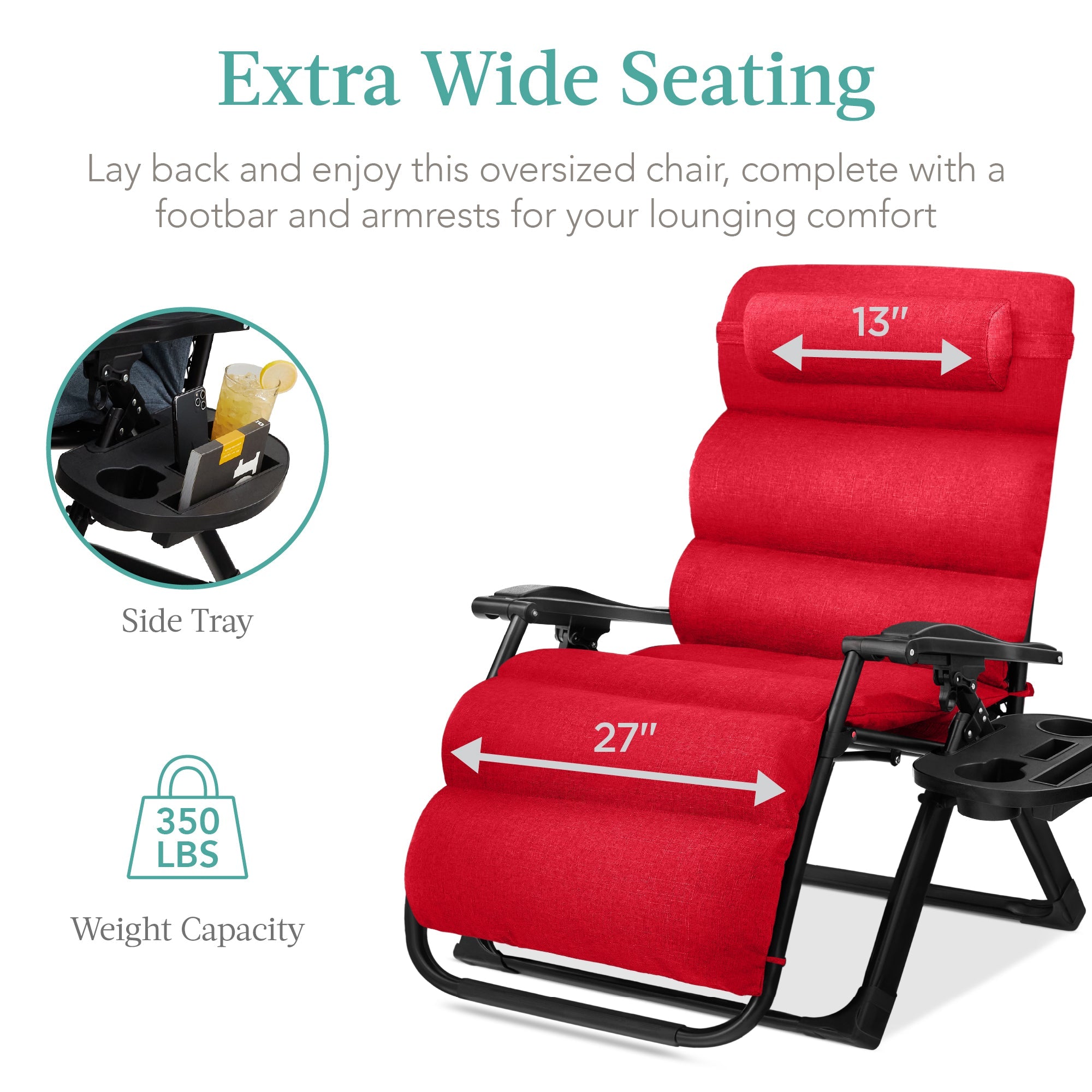 Oversized Zero Gravity Chair, Folding Outdoor Recliner w/ Removable Cushion