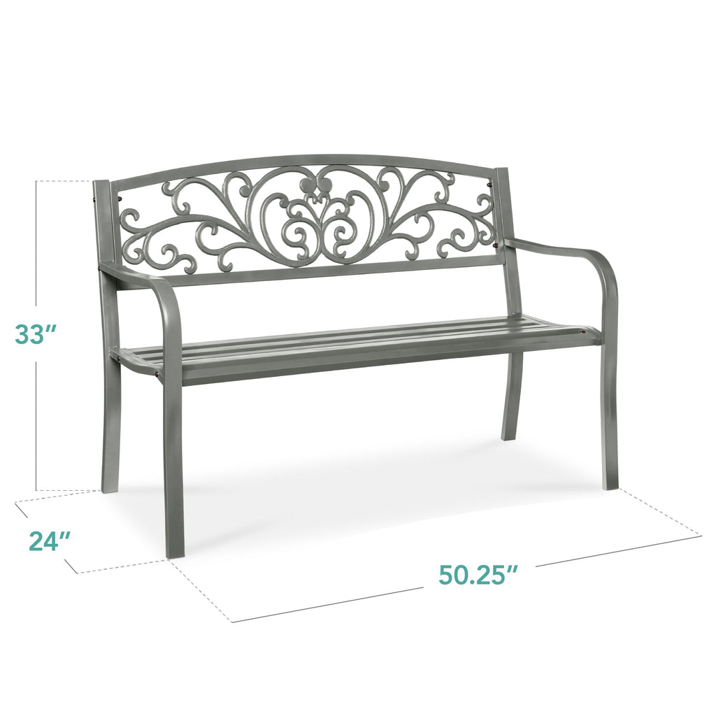 Steel Bench for Outdoor, Patio, Garden w/ Floral Design - 50in