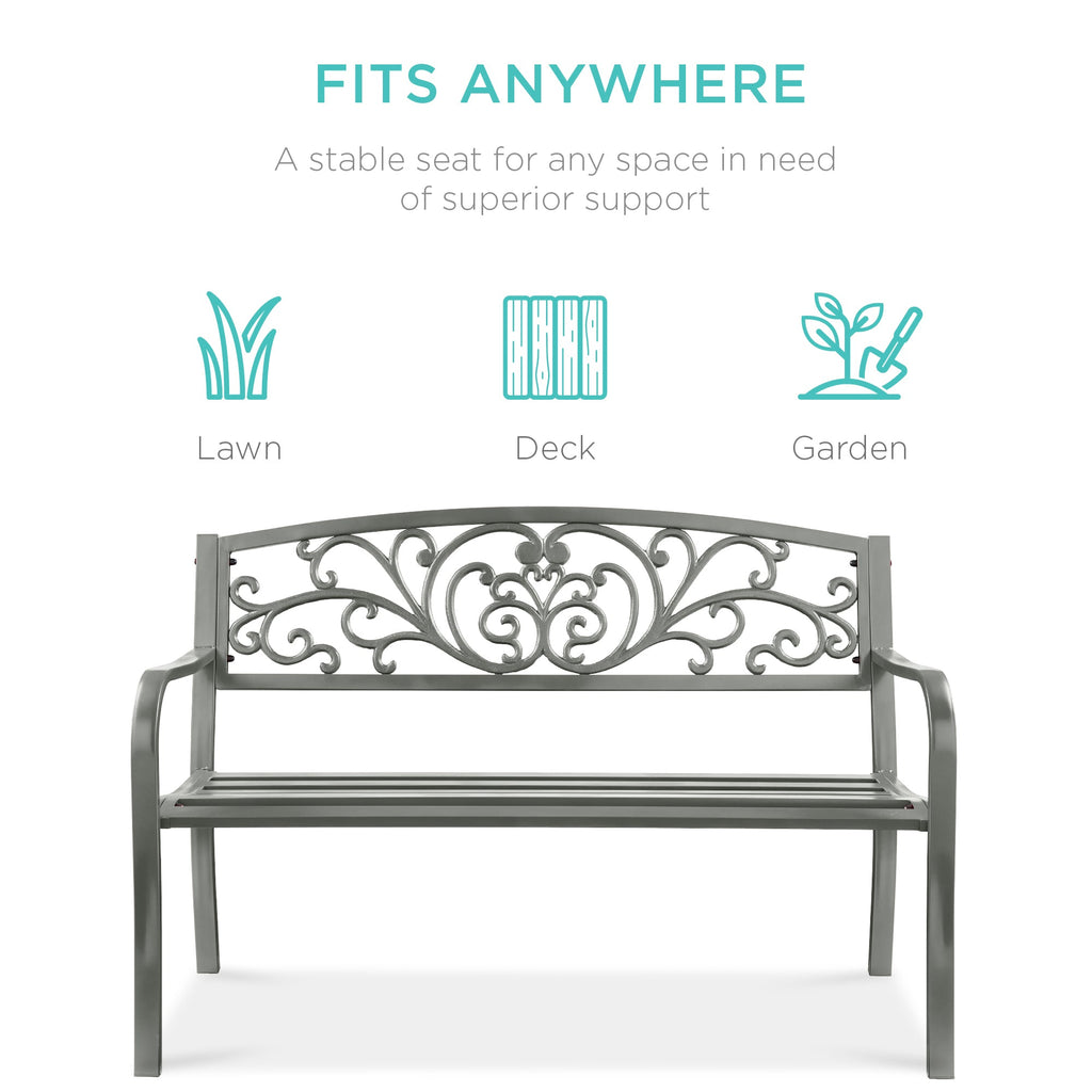 Steel Bench for Outdoor, Patio, Garden w/ Floral Design - 50in