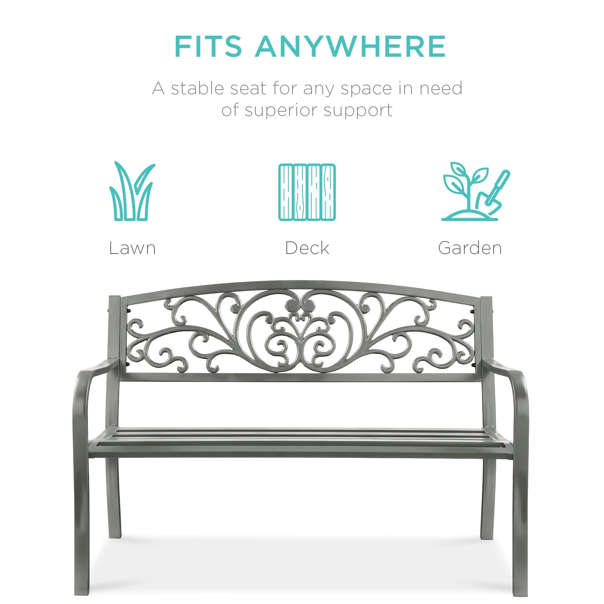 Steel Bench for Outdoor, Patio, Garden w/ Floral Design - 50in