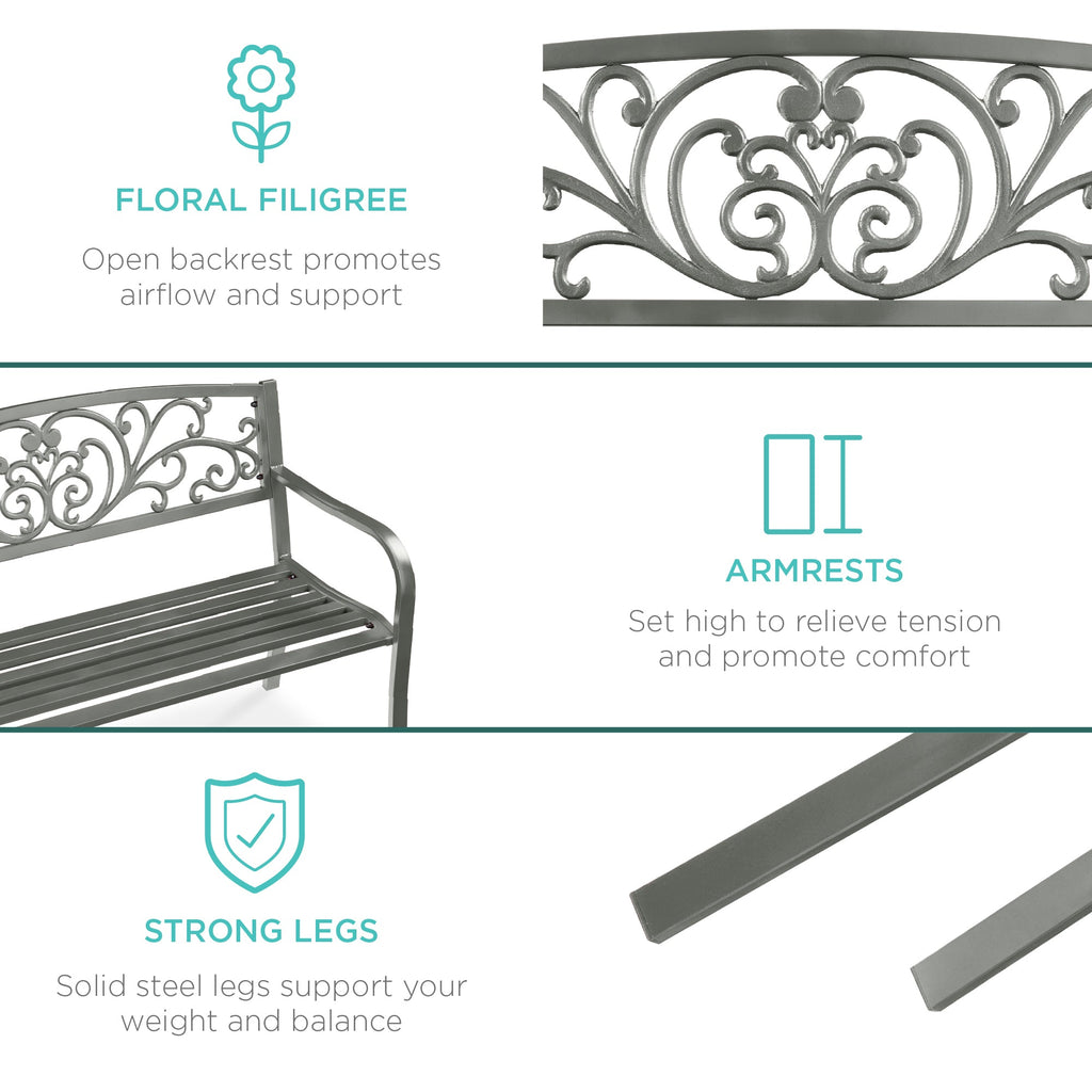 Steel Bench for Outdoor, Patio, Garden w/ Floral Design - 50in