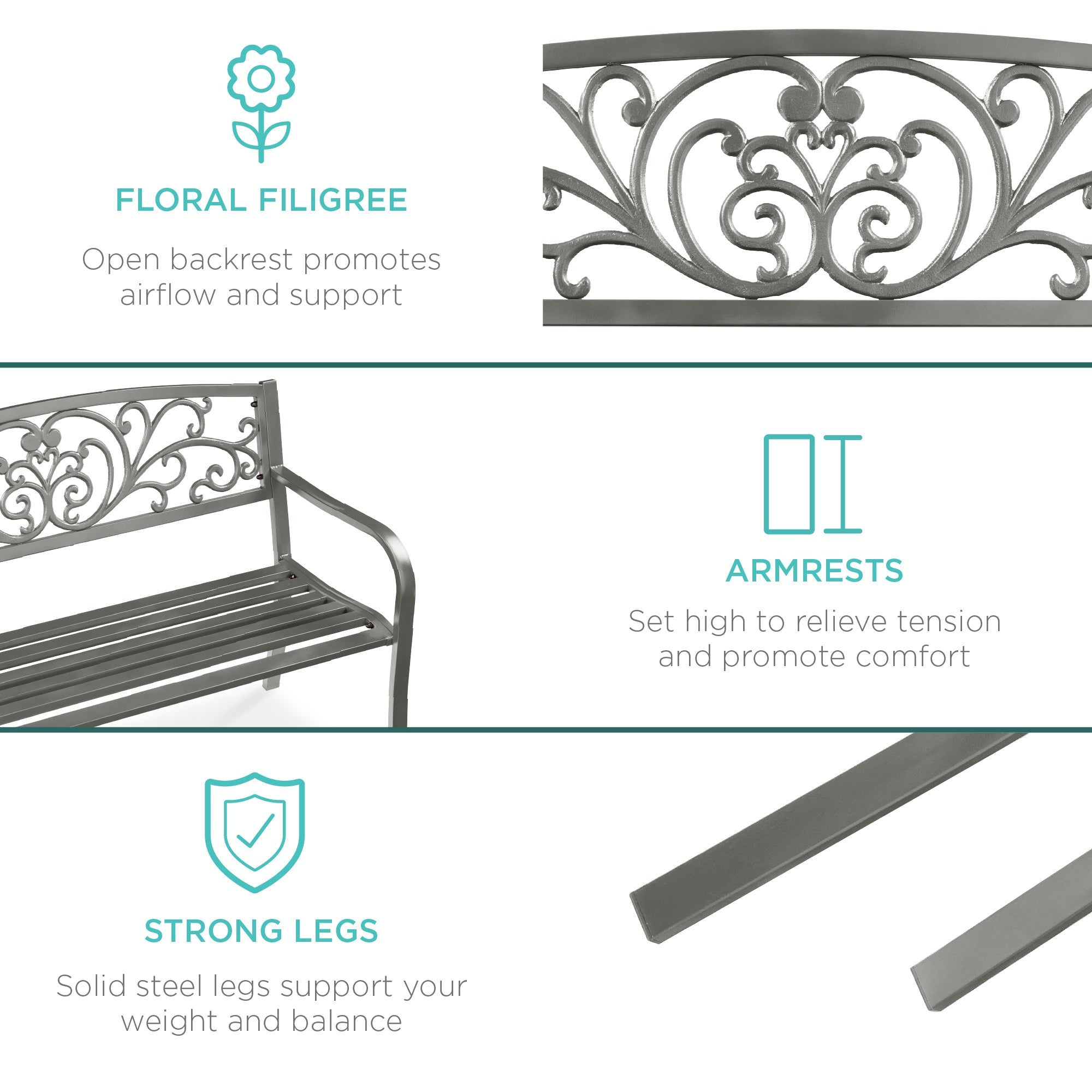 Steel Bench for Outdoor, Patio, Garden w/ Floral Design - 50in