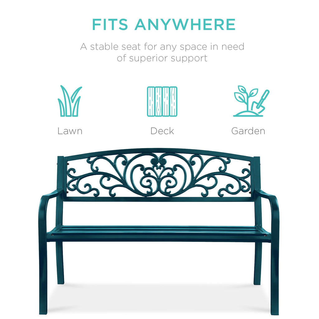 Steel Bench for Outdoor, Patio, Garden w/ Floral Design - 50in