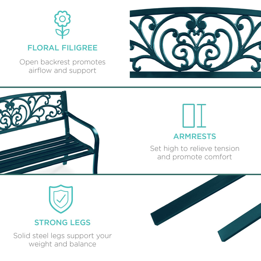 Steel Bench for Outdoor, Patio, Garden w/ Floral Design - 50in