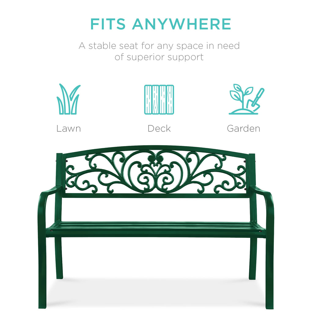 Steel Bench for Outdoor, Patio, Garden w/ Floral Design - 50in