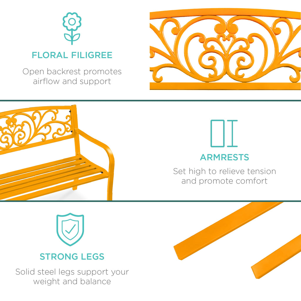 Steel Bench for Outdoor, Patio, Garden w/ Floral Design - 50in