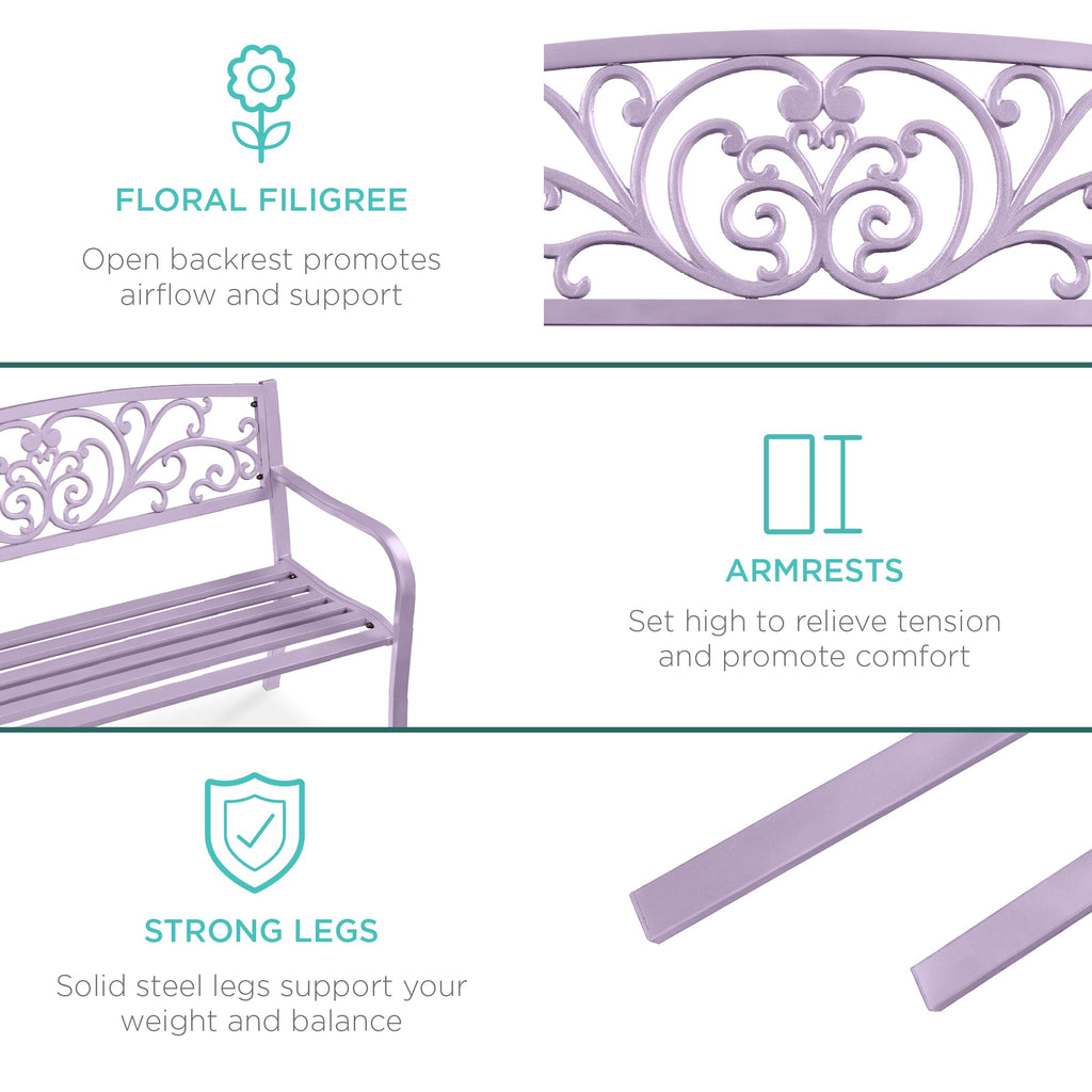 Steel Bench for Outdoor, Patio, Garden w/ Floral Design - 50in