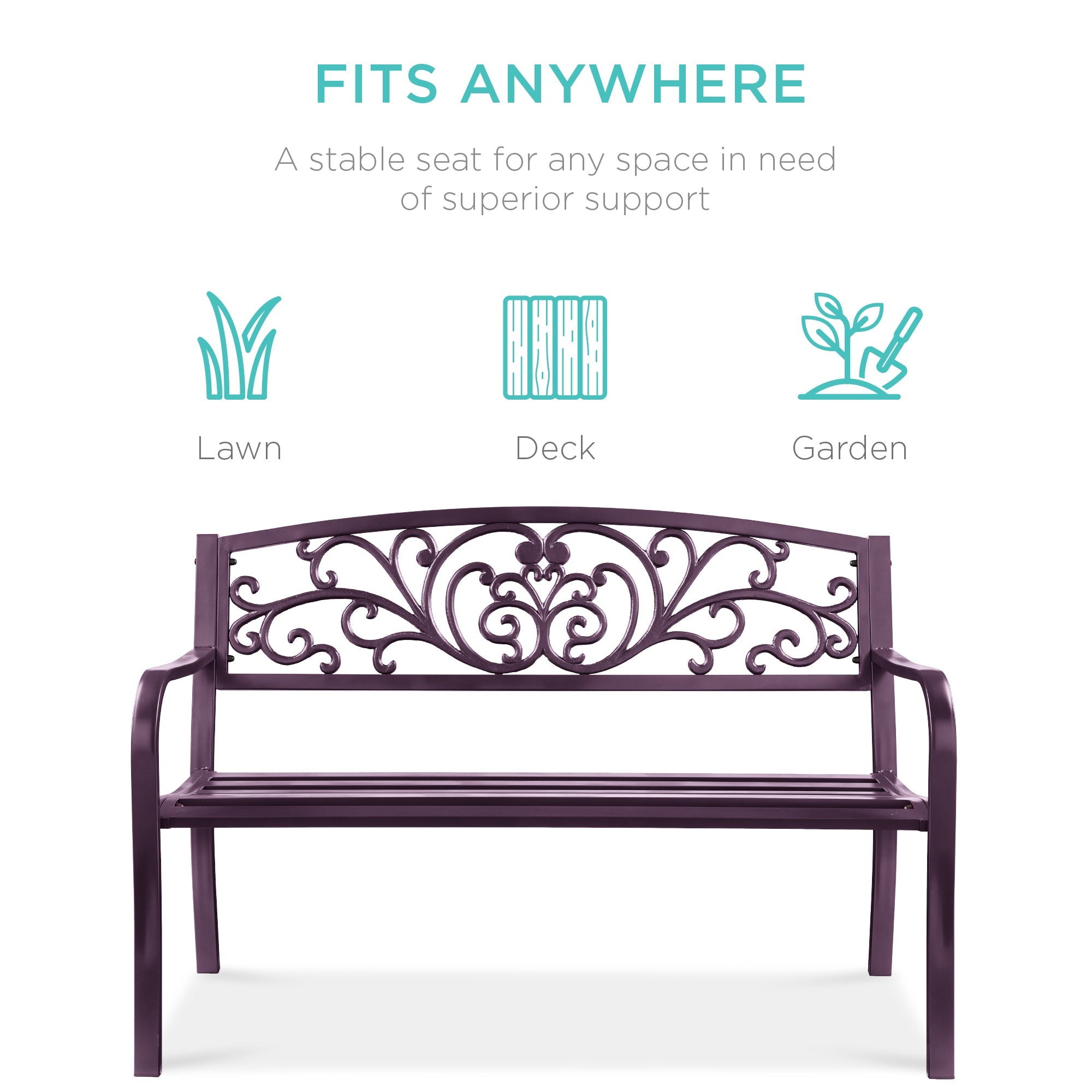 Steel Bench for Outdoor, Patio, Garden w/ Floral Design - 50in