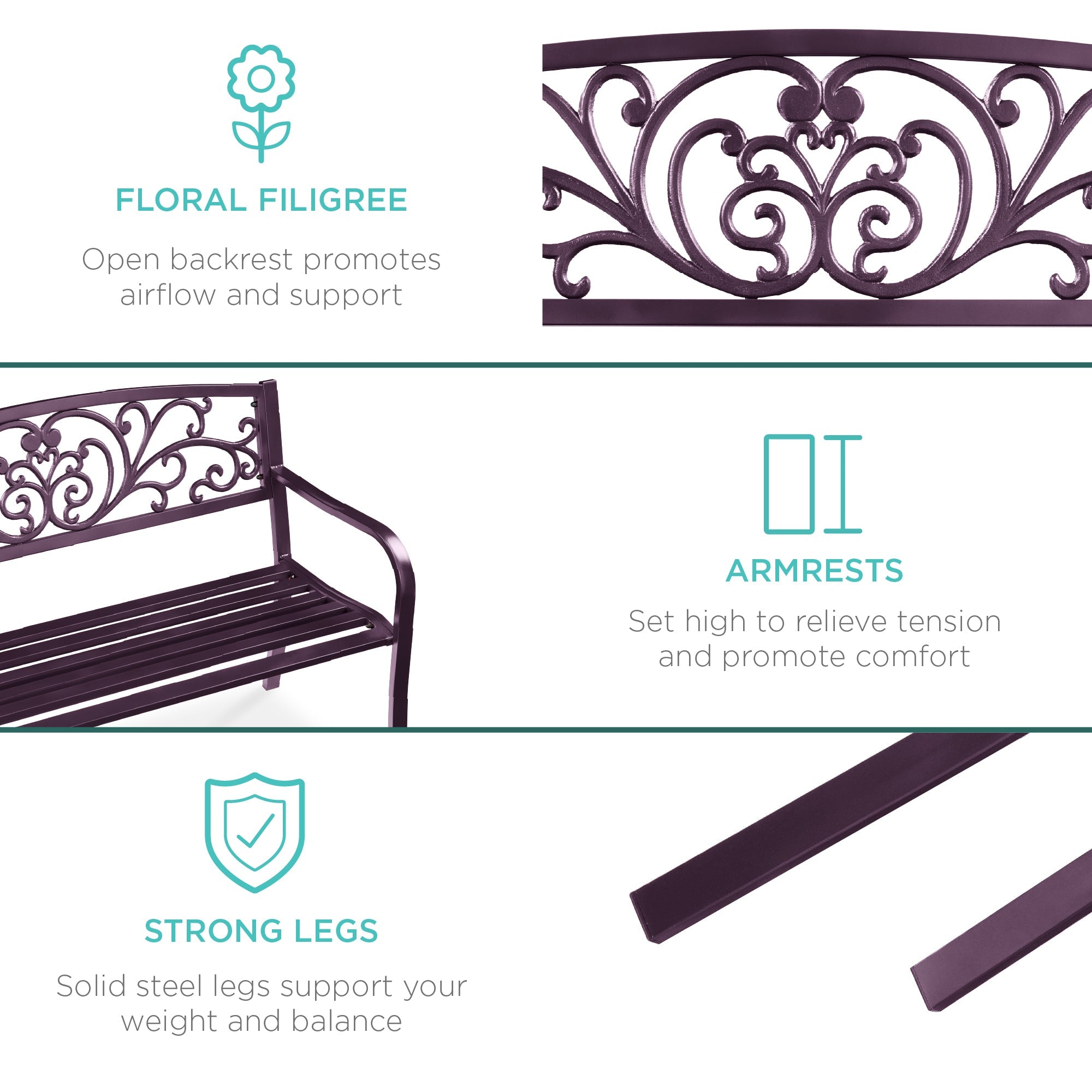 Steel Bench for Outdoor, Patio, Garden w/ Floral Design - 50in