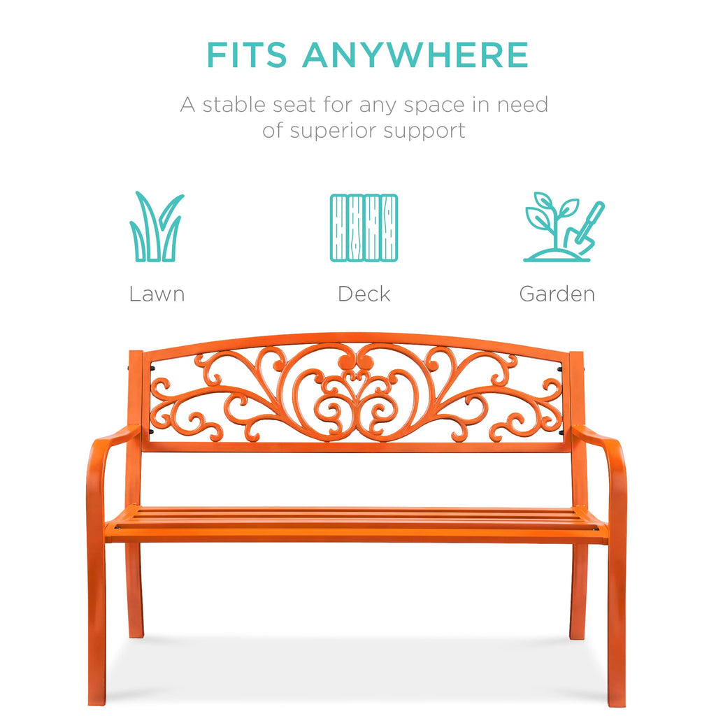 Steel Bench for Outdoor, Patio, Garden w/ Floral Design - 50in