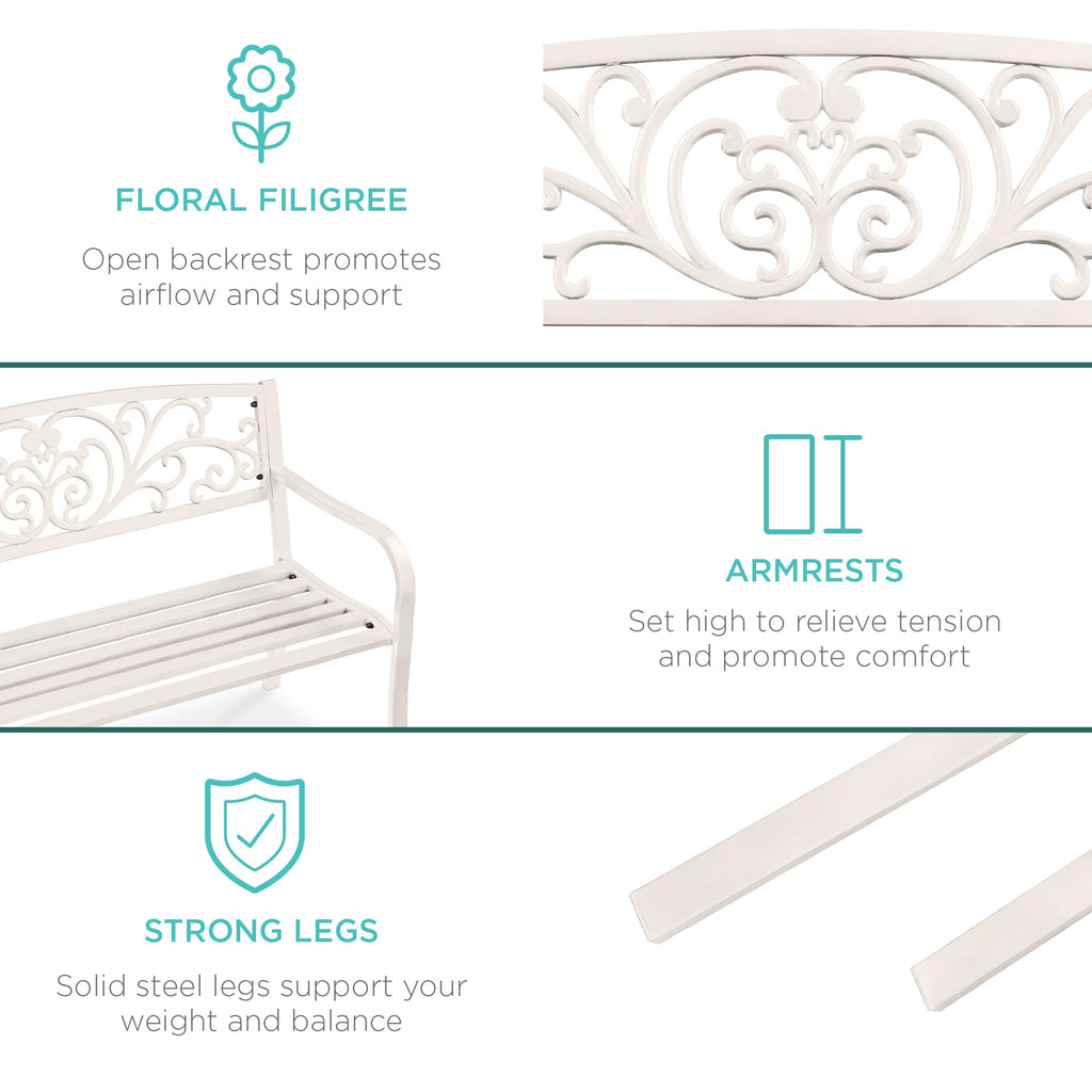 Steel Bench for Outdoor, Patio, Garden w/ Floral Design - 50in