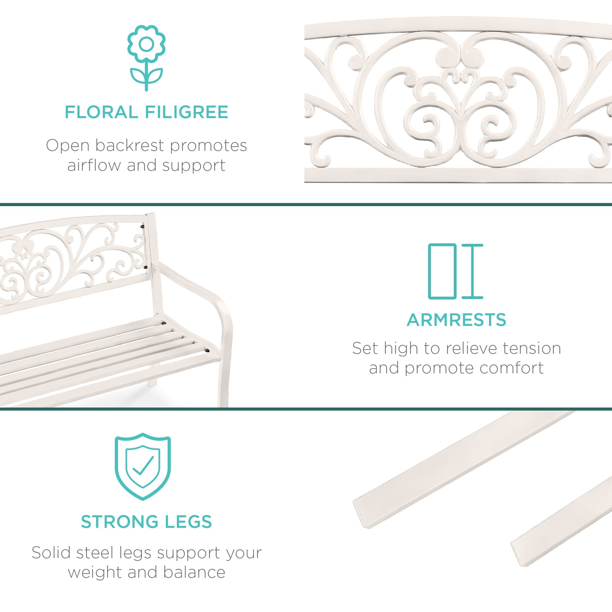 Steel Bench for Outdoor, Patio, Garden w/ Floral Design - 50in