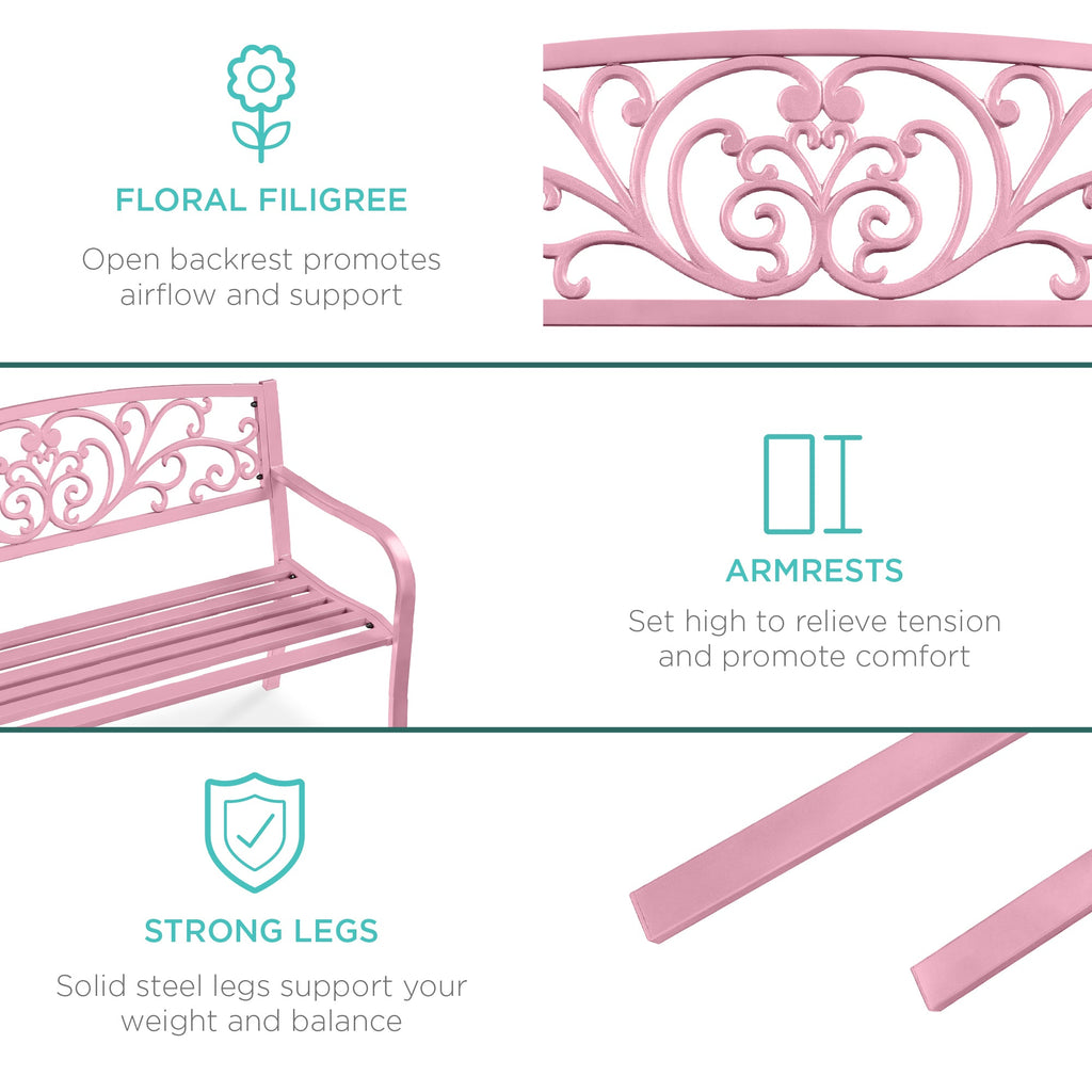 Steel Bench for Outdoor, Patio, Garden w/ Floral Design - 50in