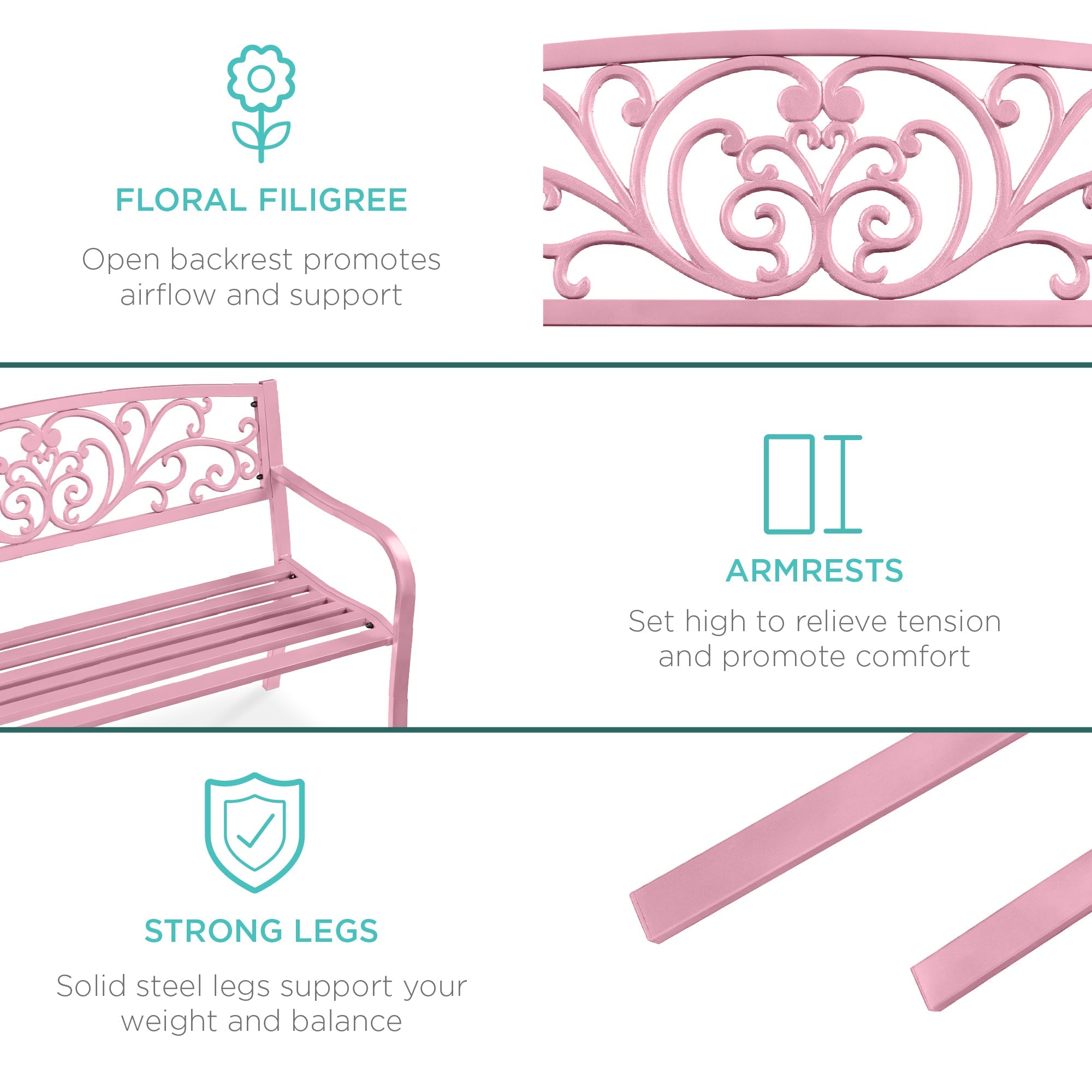 Steel Bench for Outdoor, Patio, Garden w/ Floral Design - 50in