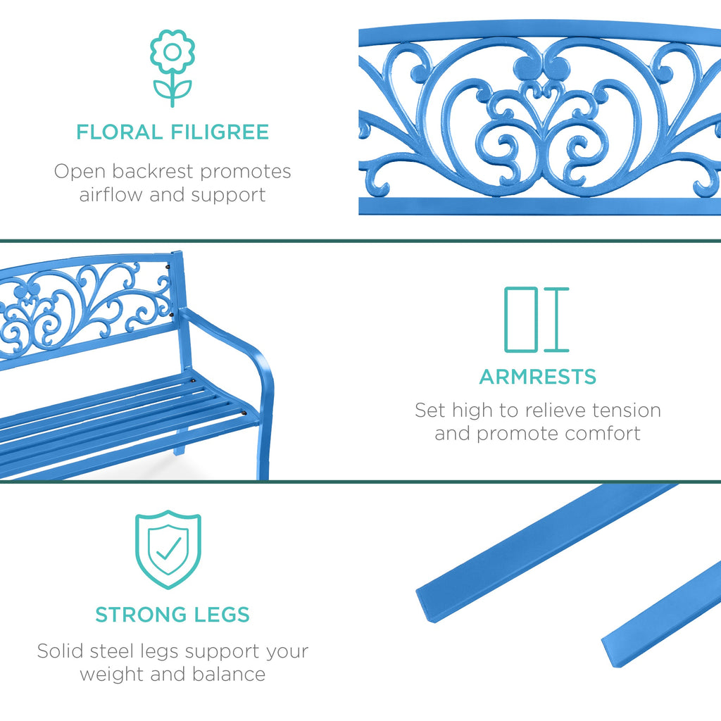 Steel Bench for Outdoor, Patio, Garden w/ Floral Design - 50in