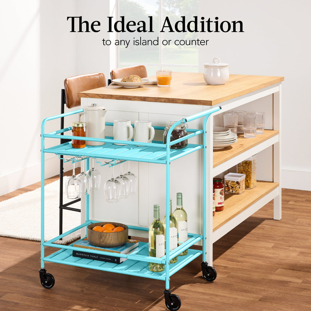 2-Tier Rolling Bar Cart Indoor/Outdoor w/ Shelves, Wine Rack, Locking Wheels