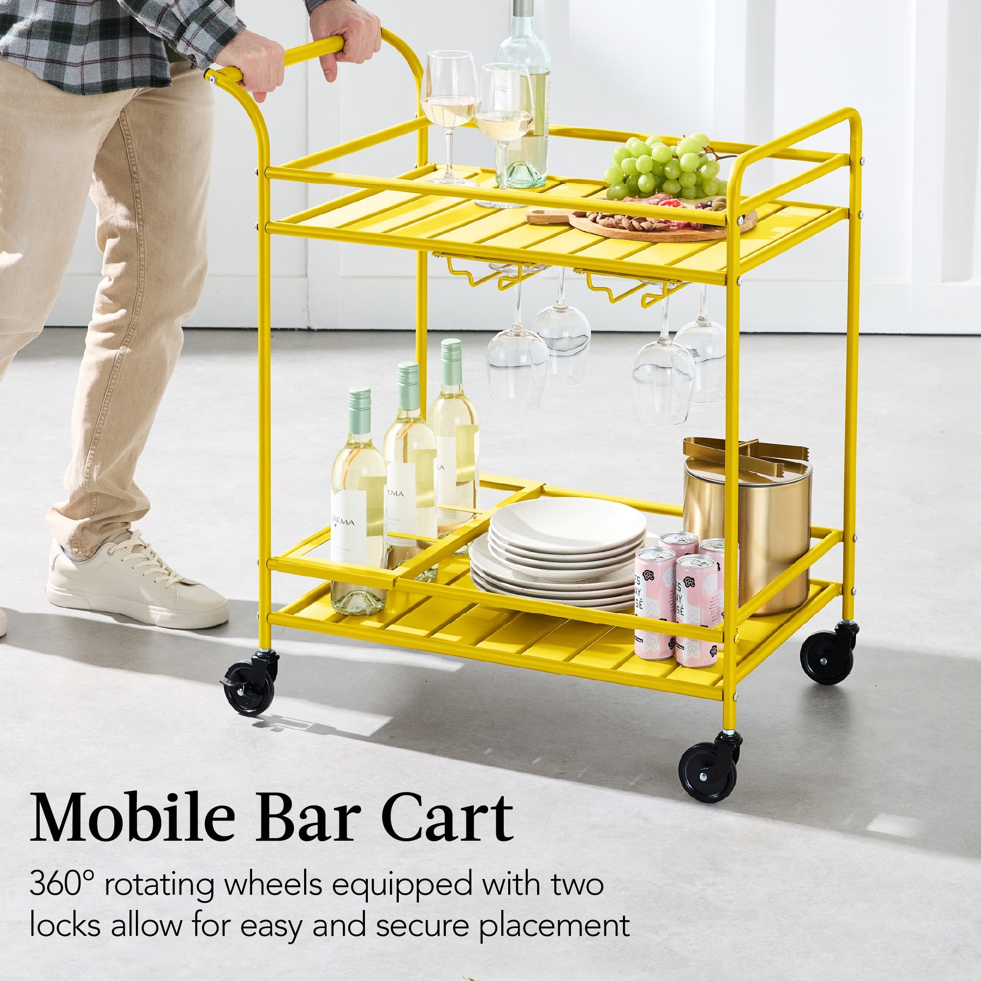 2-Tier Rolling Bar Cart Indoor/Outdoor w/ Shelves, Wine Rack, Locking Wheels