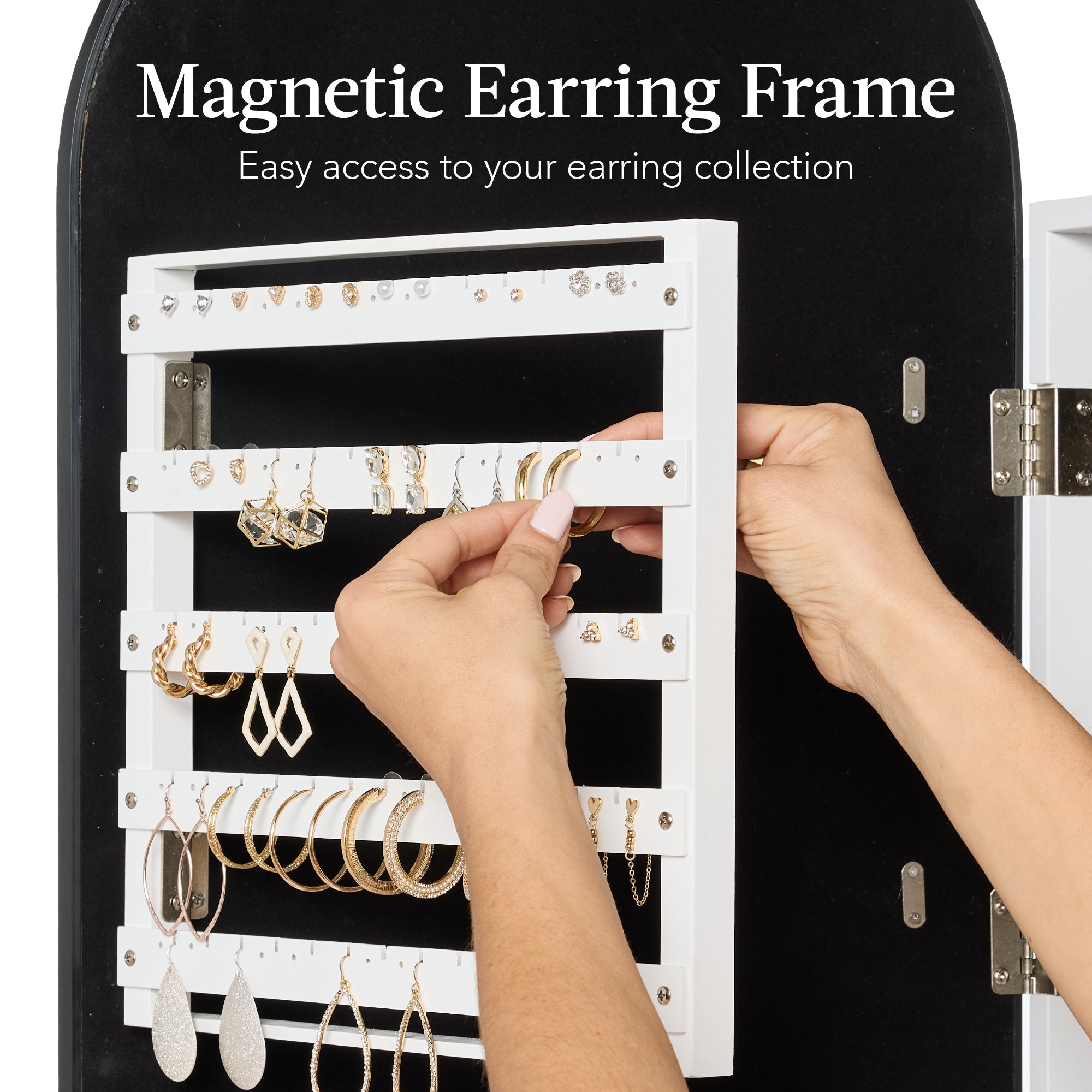Door/Wall Mounted Arch Mirror Jewelry Armoire, w/ Metal Frame, Built-In Lock
