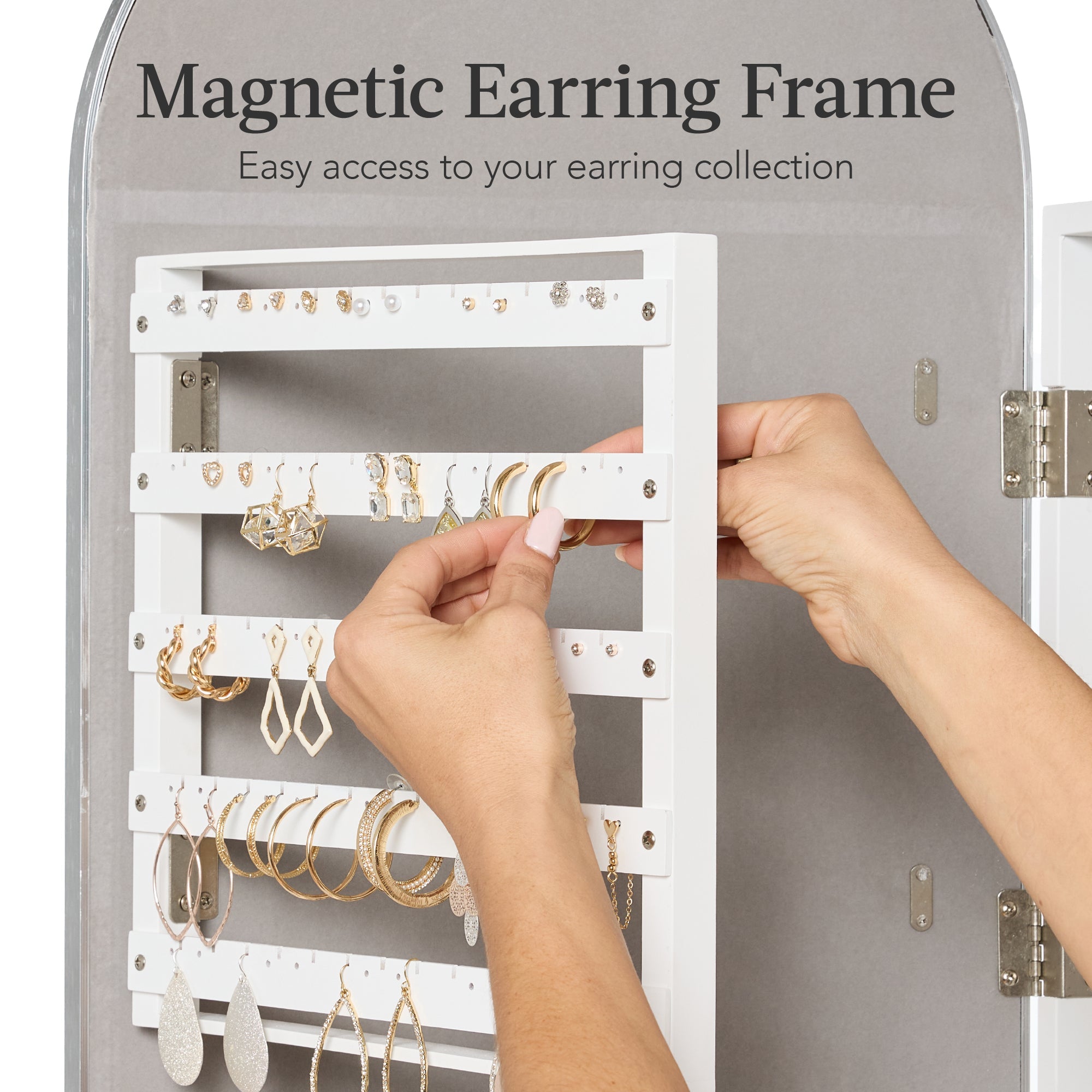 Door/Wall Mounted Arch Mirror Jewelry Armoire, w/ Metal Frame, Built-In Lock