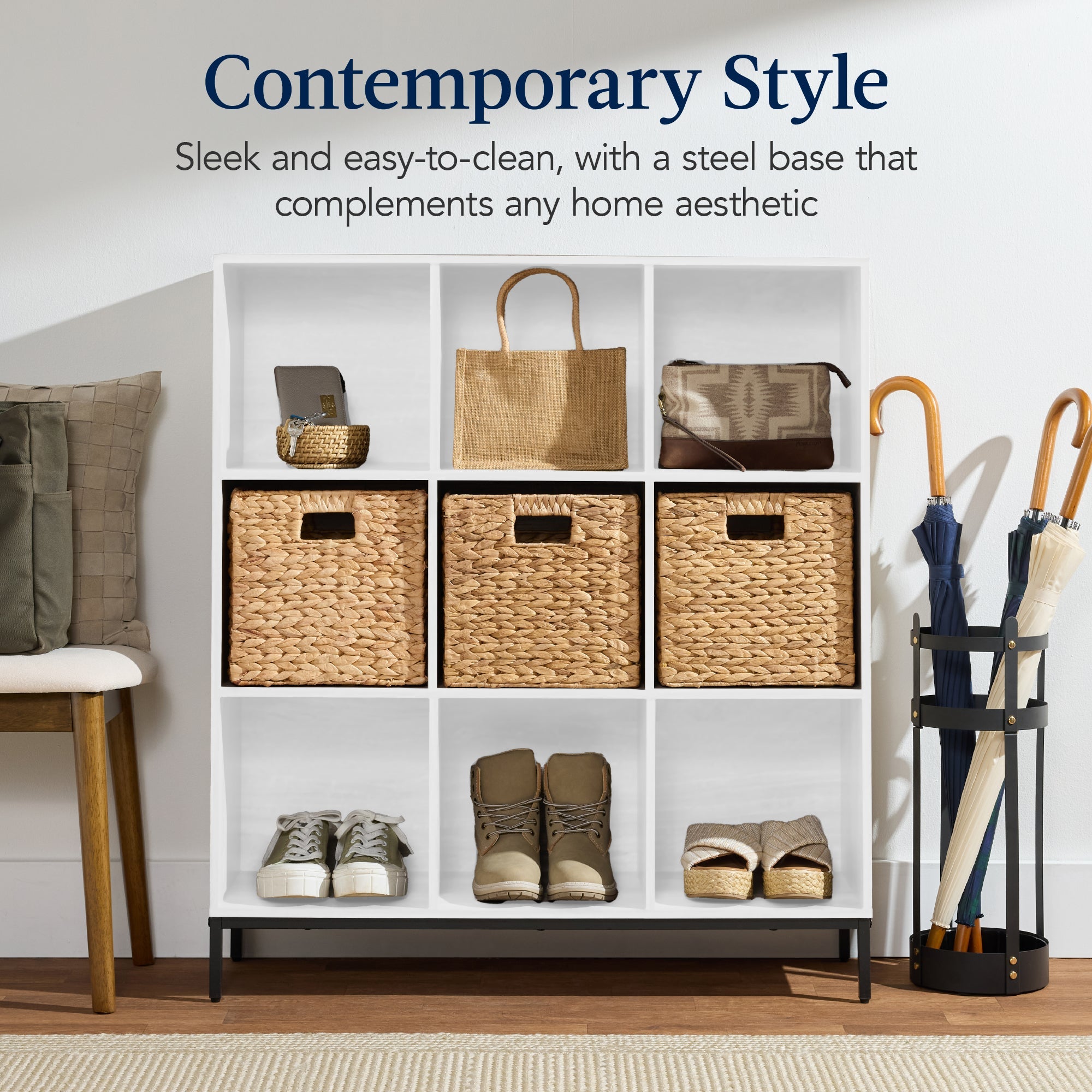 Elevated 9-Cube Storage Organizer, 11in Bookshelf, w/ Metal Legs