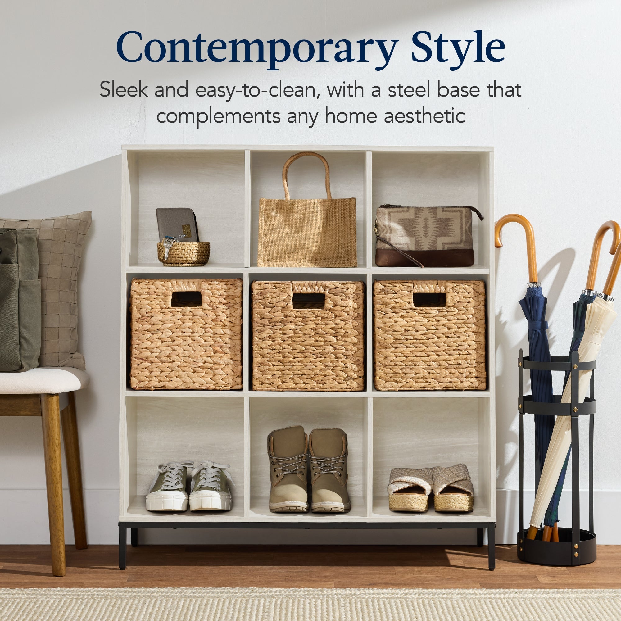 Elevated 9-Cube Storage Organizer, 11in Bookshelf, w/ Metal Legs