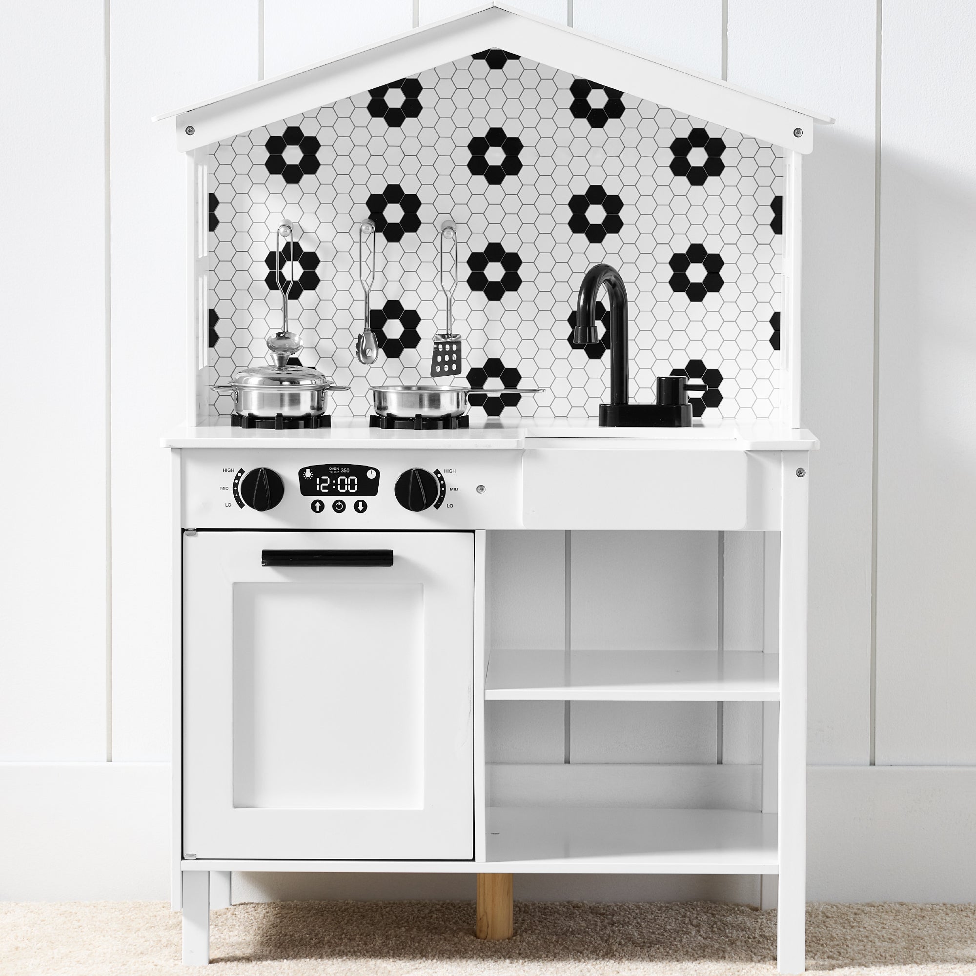 Pretend Play Wooden Farmhouse Kitchen Set w/ Storage, 5 Accessories