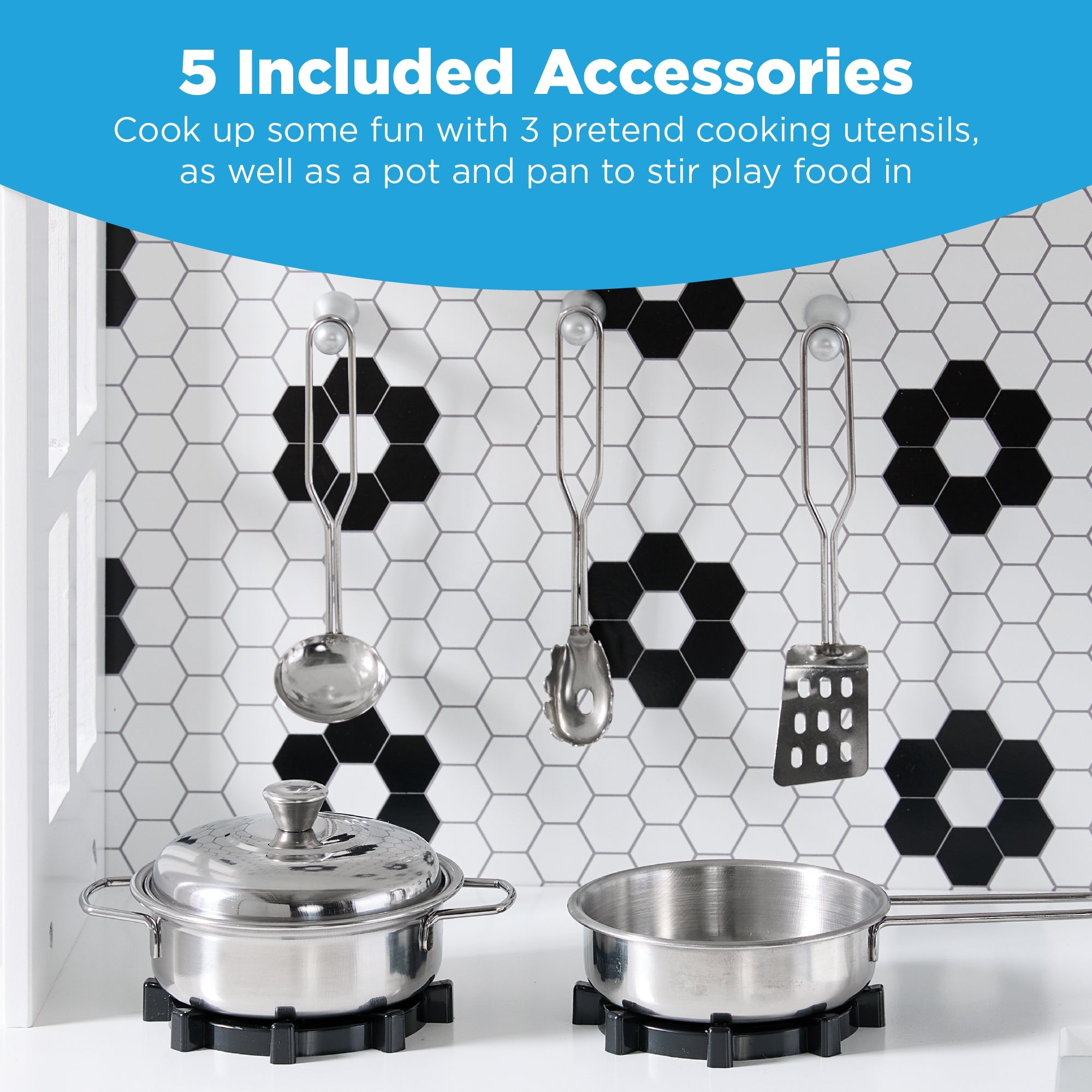 Pretend Play Wooden Farmhouse Kitchen Set w/ Storage, 5 Accessories