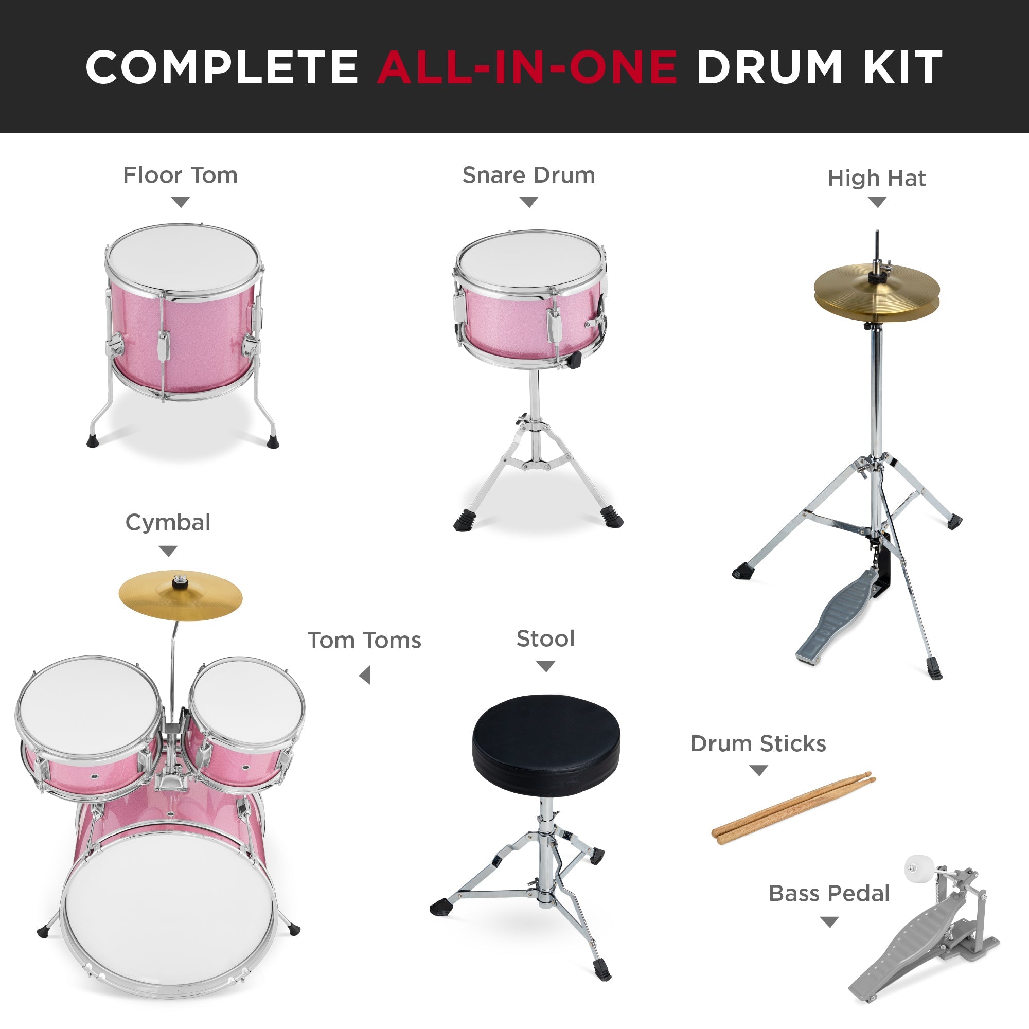 Kids Beginner All Wood Acoustic Drum Kit Starter Set w/ Stool, Drumsticks
