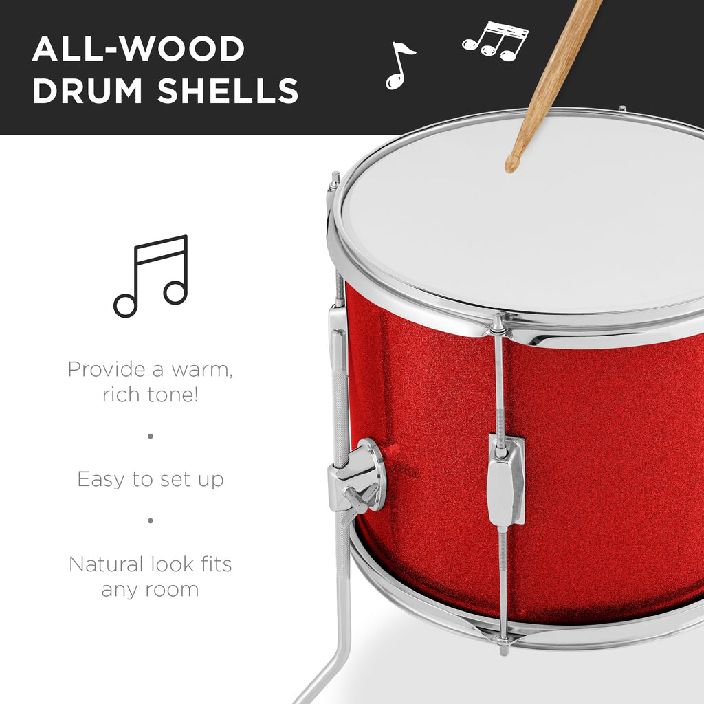 Kids Beginner All Wood Acoustic Drum Kit Starter Set w/ Stool, Drumsticks