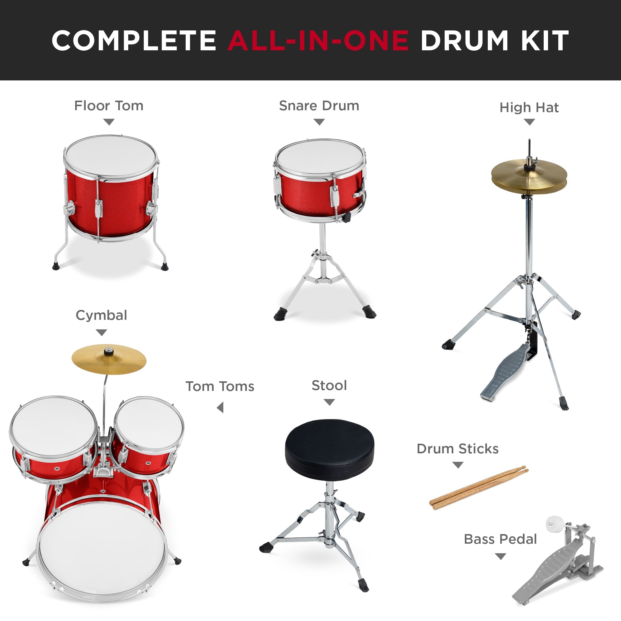 Kids Beginner All Wood Acoustic Drum Kit Starter Set w/ Stool, Drumsticks