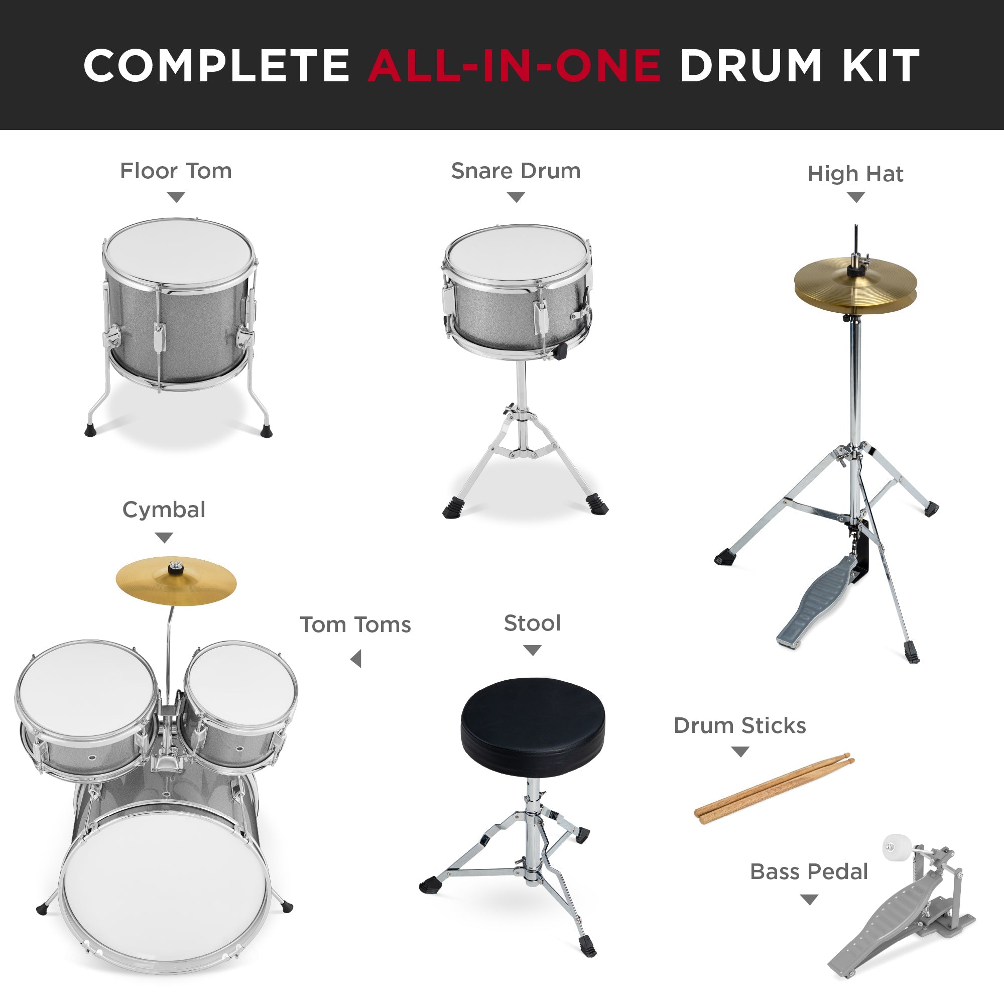 Kids Beginner All Wood Acoustic Drum Kit Starter Set w/ Stool, Drumsticks