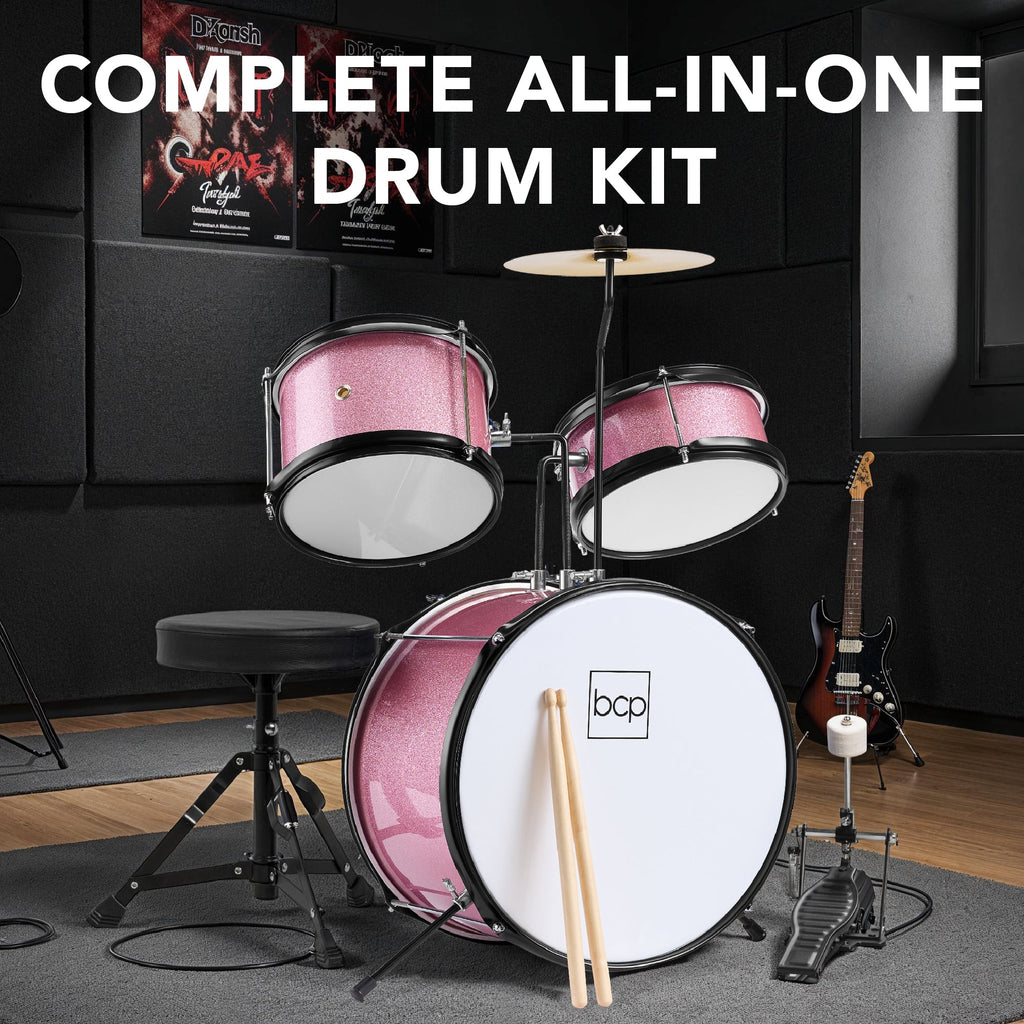 Kids Beginner 3-Piece Drum, Musical Instrument Set w/ Sticks, Stool, Pedal