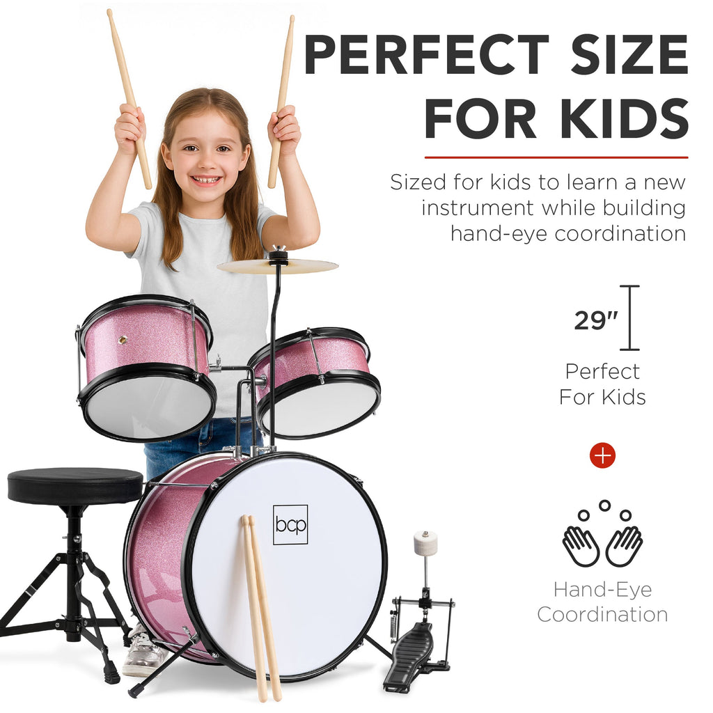 Kids Beginner 3-Piece Drum, Musical Instrument Set w/ Sticks, Stool, Pedal
