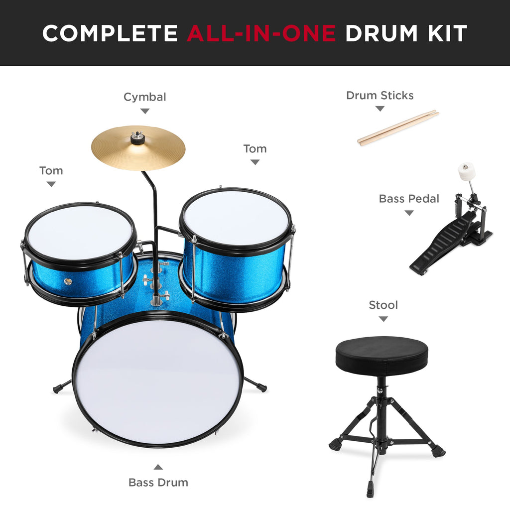 Kids Beginner 3-Piece Drum, Musical Instrument Set w/ Sticks, Stool, Pedal