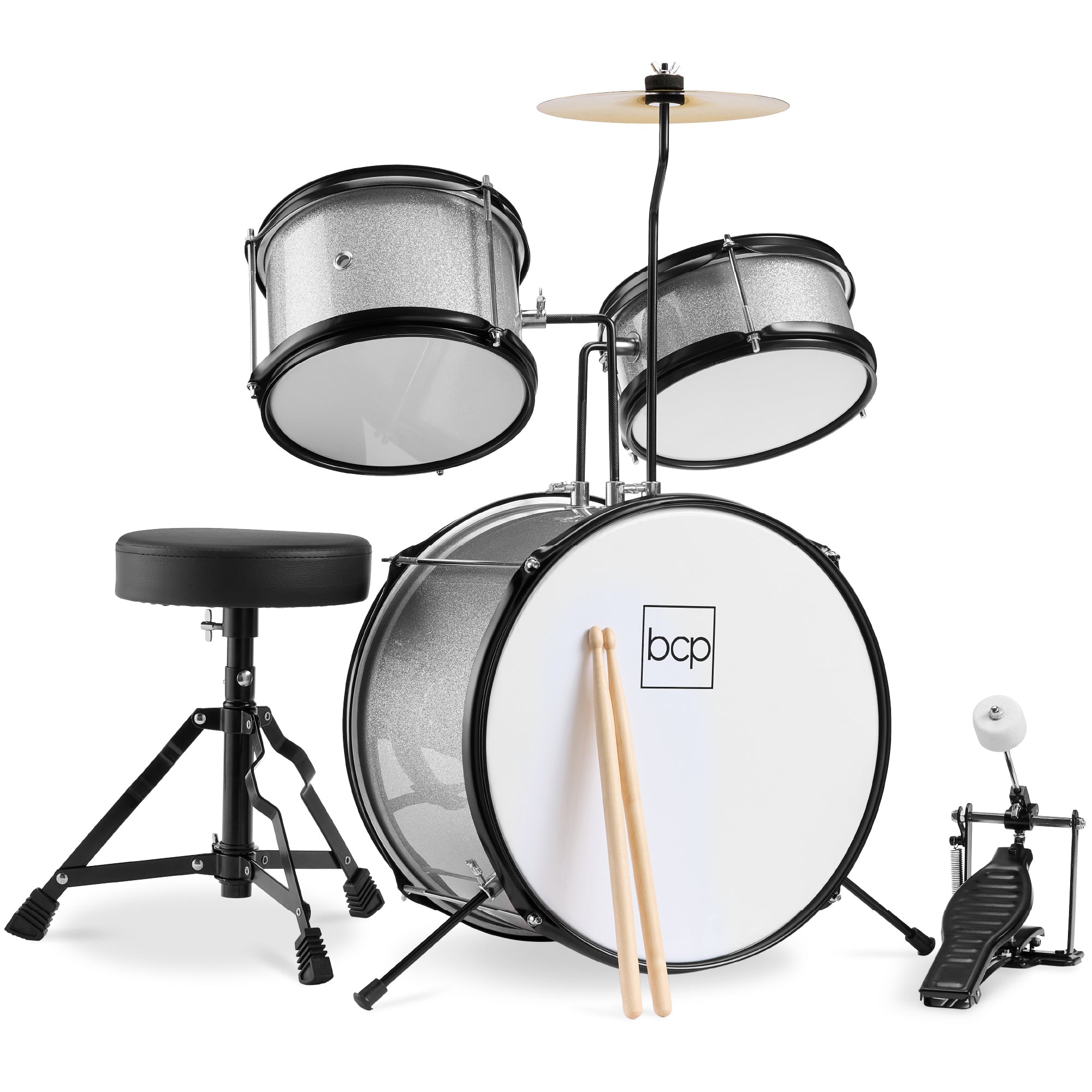 Kids Beginner 3-Piece Drum, Musical Instrument Set w/ Sticks, Stool, Pedal