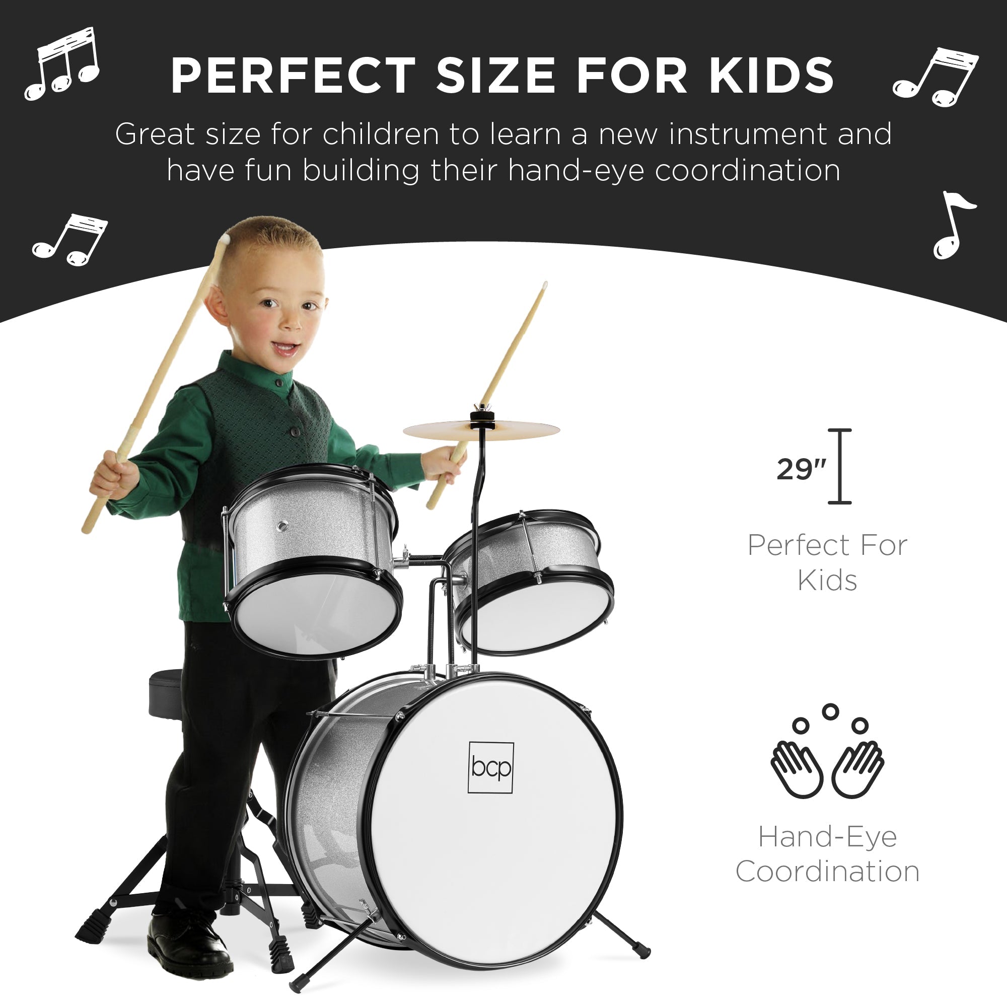 Kids Beginner 3-Piece Drum, Musical Instrument Set w/ Sticks, Stool, Pedal
