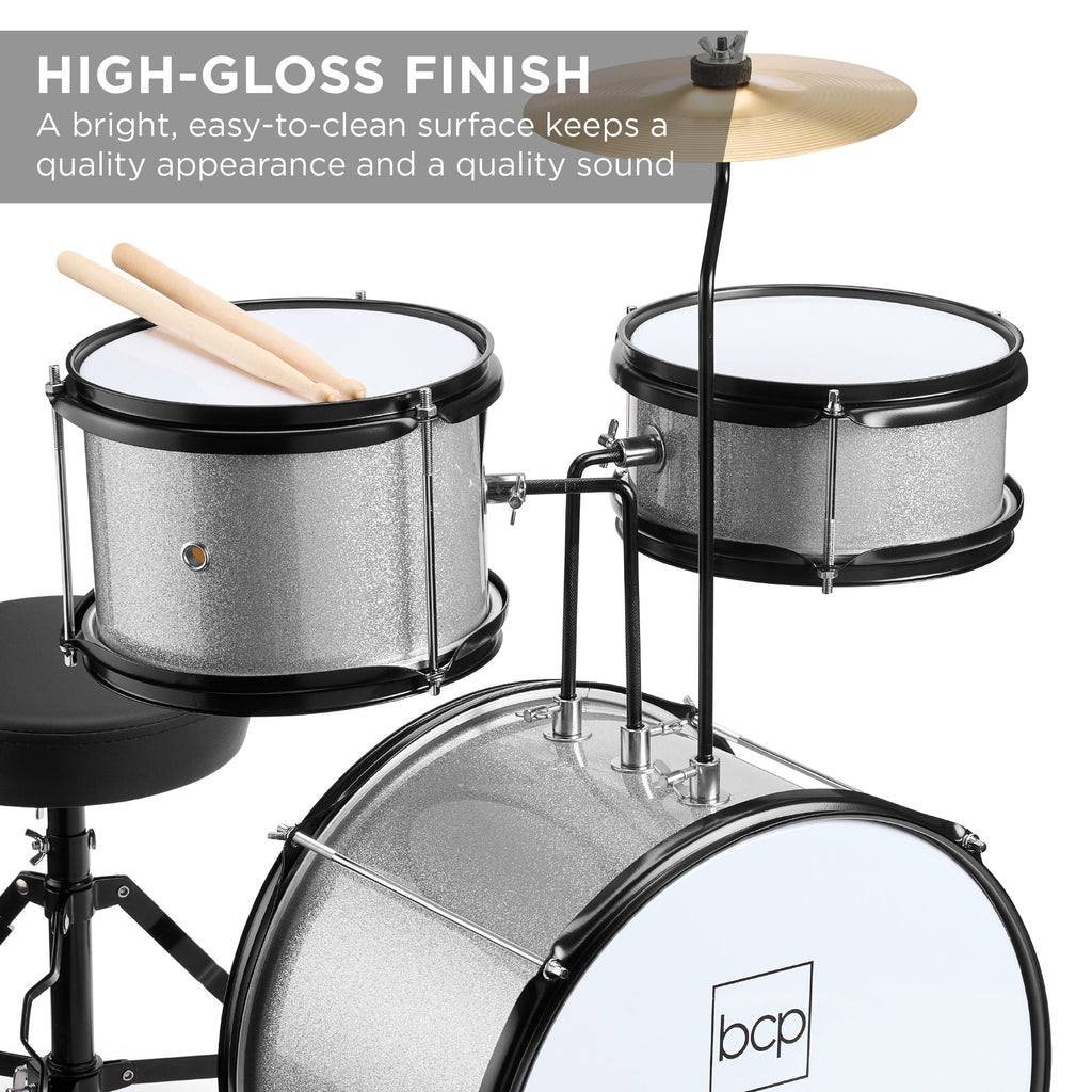 Kids Beginner 3-Piece Drum, Musical Instrument Set w/ Sticks, Stool, Pedal