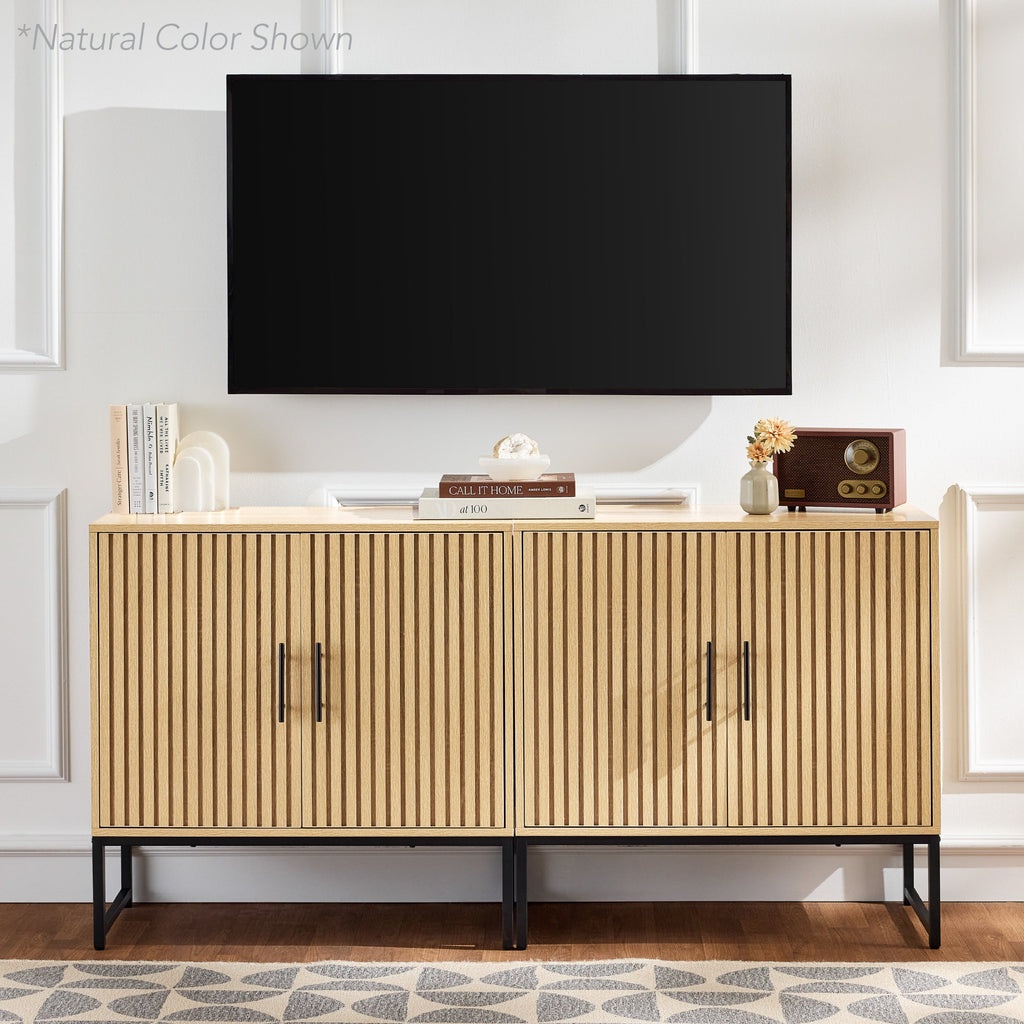 2-Door Slatted Storage Cabinet Accent Furniture w/ Foot Pads