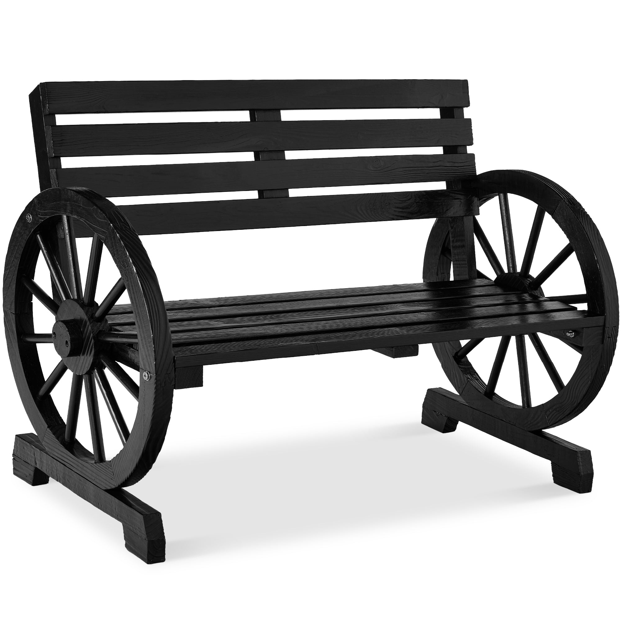 2-Person Rustic Wooden Wagon Wheel Bench w/ Slatted Seat and Backrest