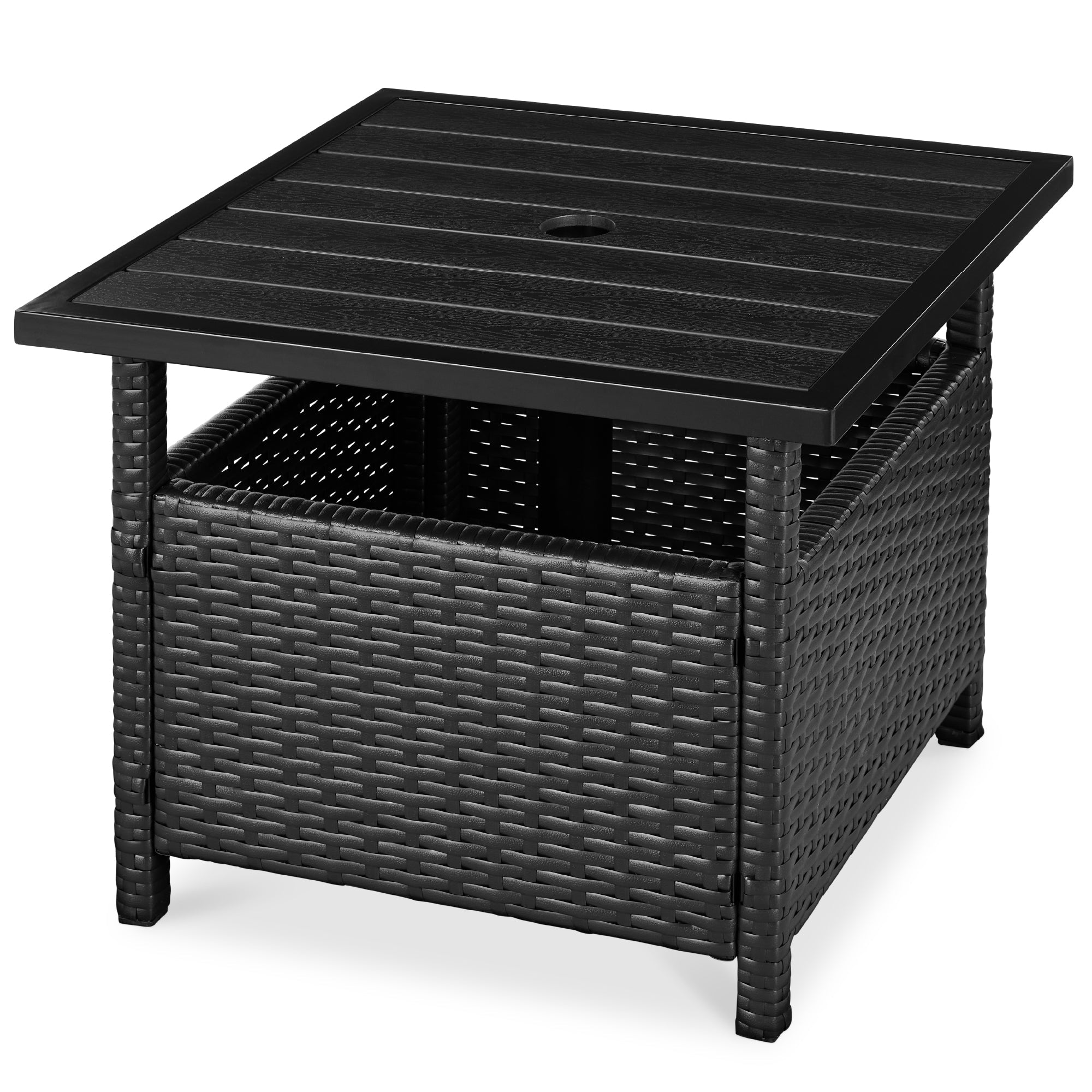 Outdoor Wicker Patio Side Table Accent Furniture w/ Umbrella Hole
