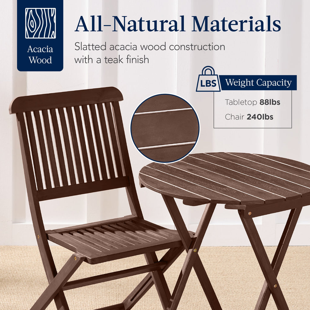 3-Piece Acacia Wood Bistro Set w/ Folding Table, 2 Chairs
