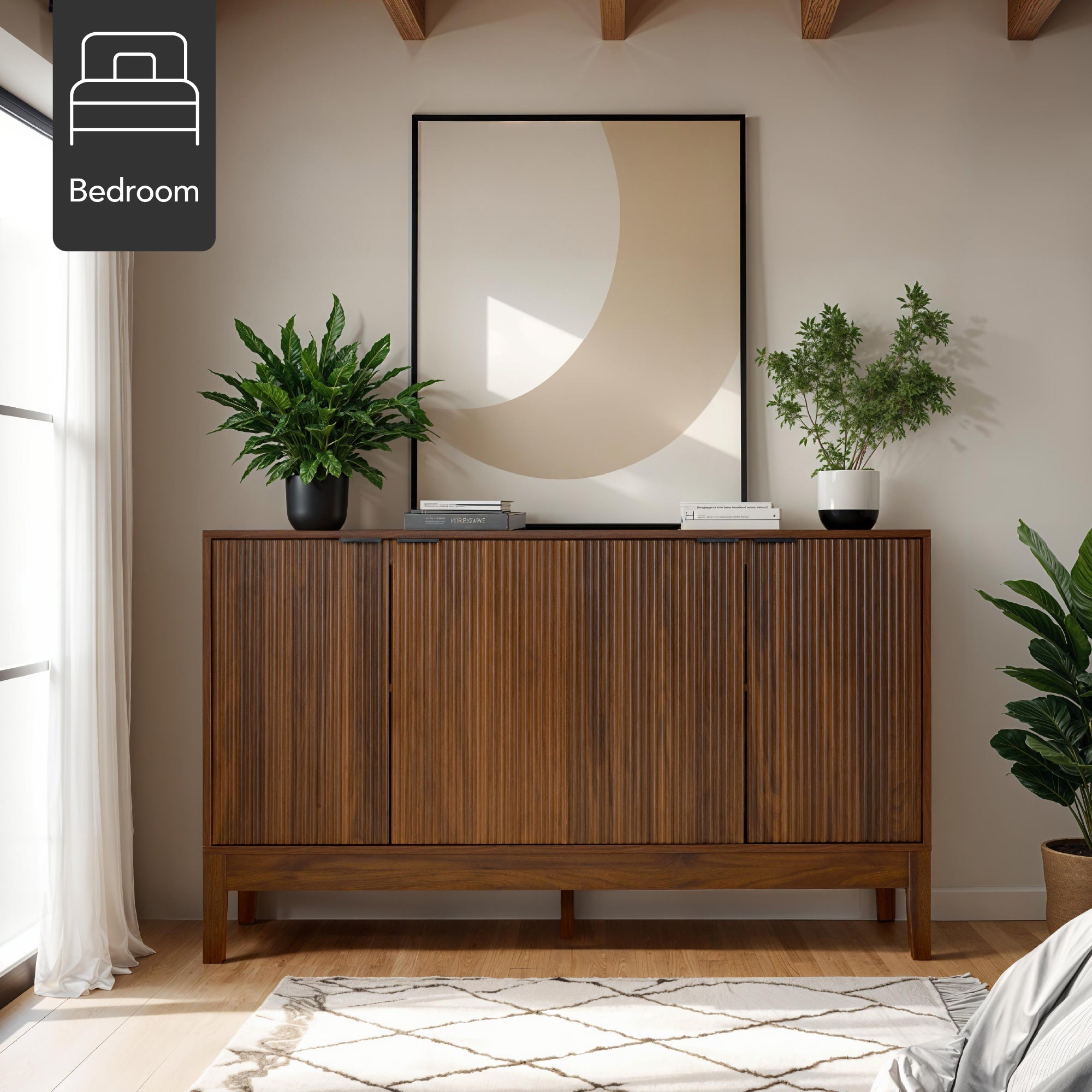 4-Door Reeded Storage Cabinet, Accent Furniture, Sideboard