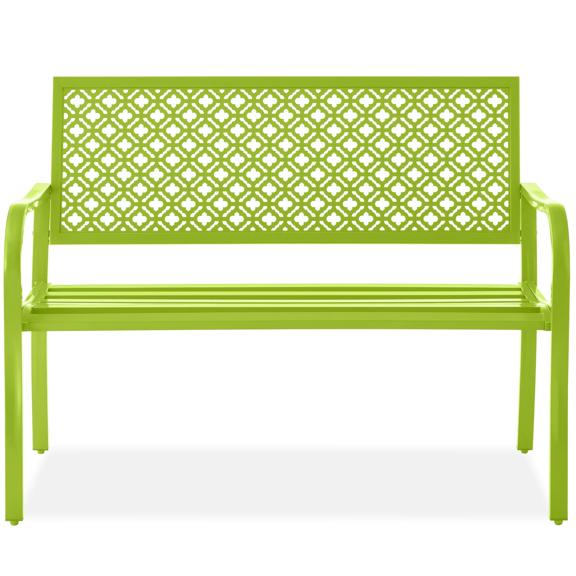 Indoor Outdoor Steel Bench w/ Geometric Backrest, Foot Levelers