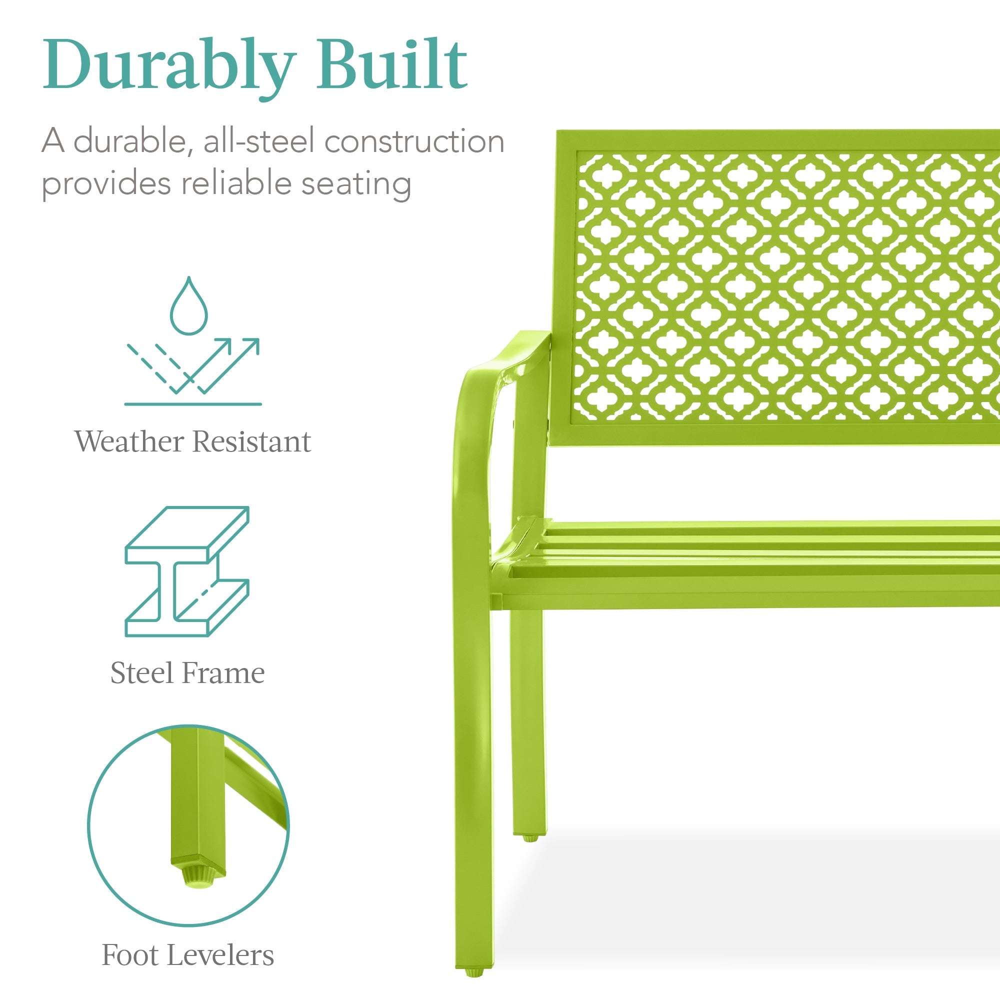 Indoor Outdoor Steel Bench w/ Geometric Backrest, Foot Levelers