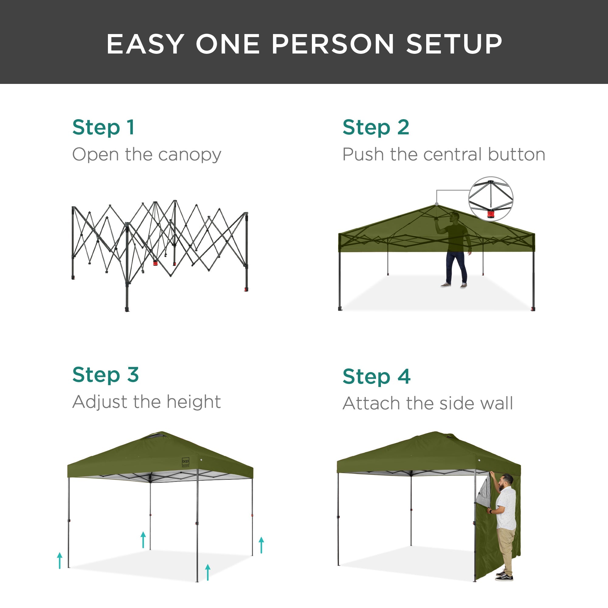 One-Person Setup Instant Pop Up Canopy w/ Side Wall, Carrying Case - 10x10ft